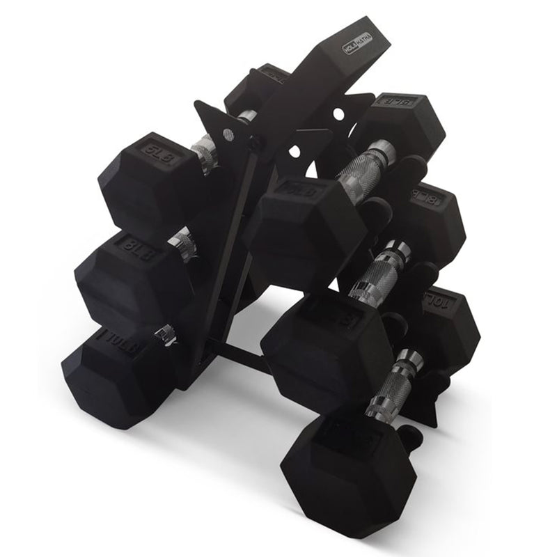 Hexagonal Dumbbell Free Hand Weight Set w/ Rack, 5, 8, & 10 Lbs, Black (Used)