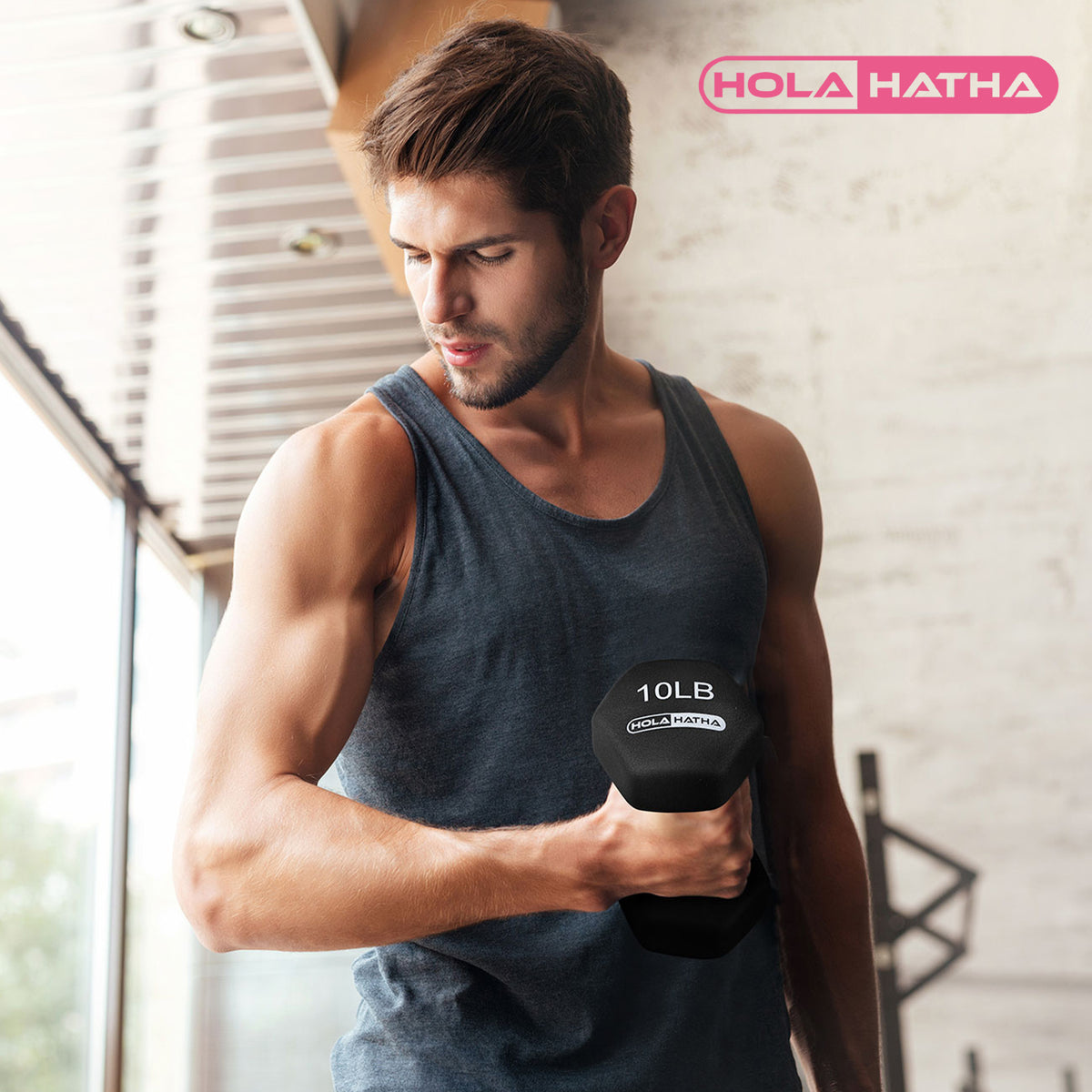 HolaHatha Neoprene Coated Dumbbell Free Hand Weight Set with Storage Rack, Black - VMInnovations