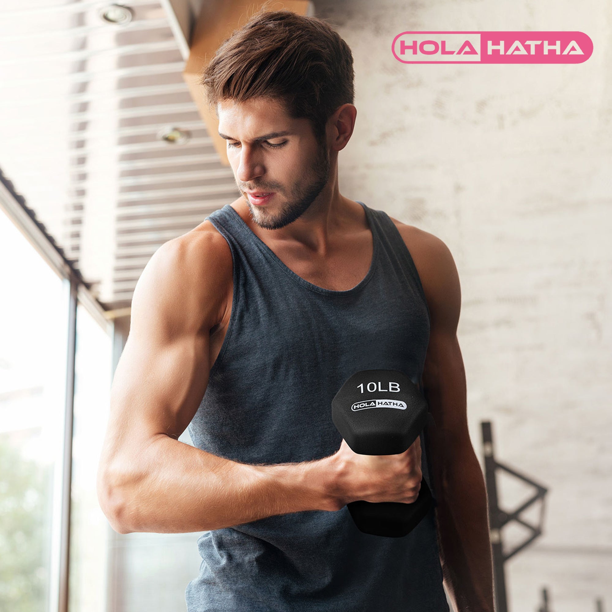 HolaHatha Neoprene Coated Dumbbell Weight Set w/Storage Rack, Black(Open Box) - VMInnovations