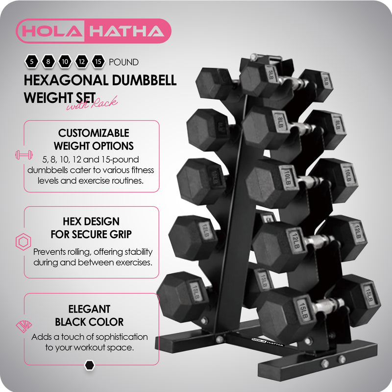 HolaHatha Hexagonal Dumbbell Free Hand Weight Set w/Rack, 5, 10, & 15 Lbs, Black