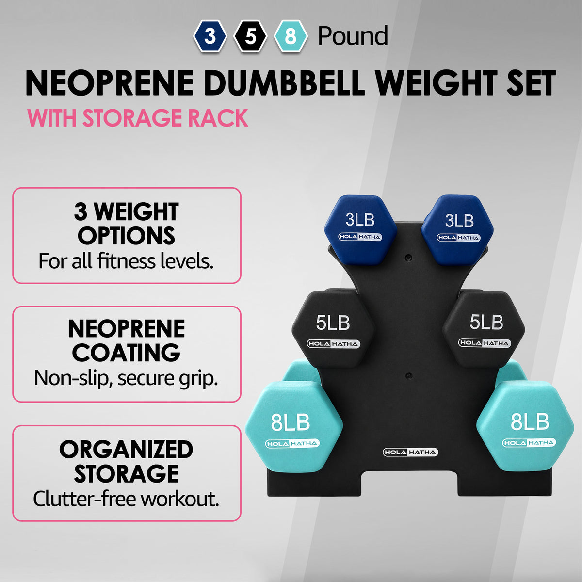 HolaHatha Weight Set w/ 3, 5 & 8 LB Hand Weights & Storage Rack (Open Box) - VMInnovations
