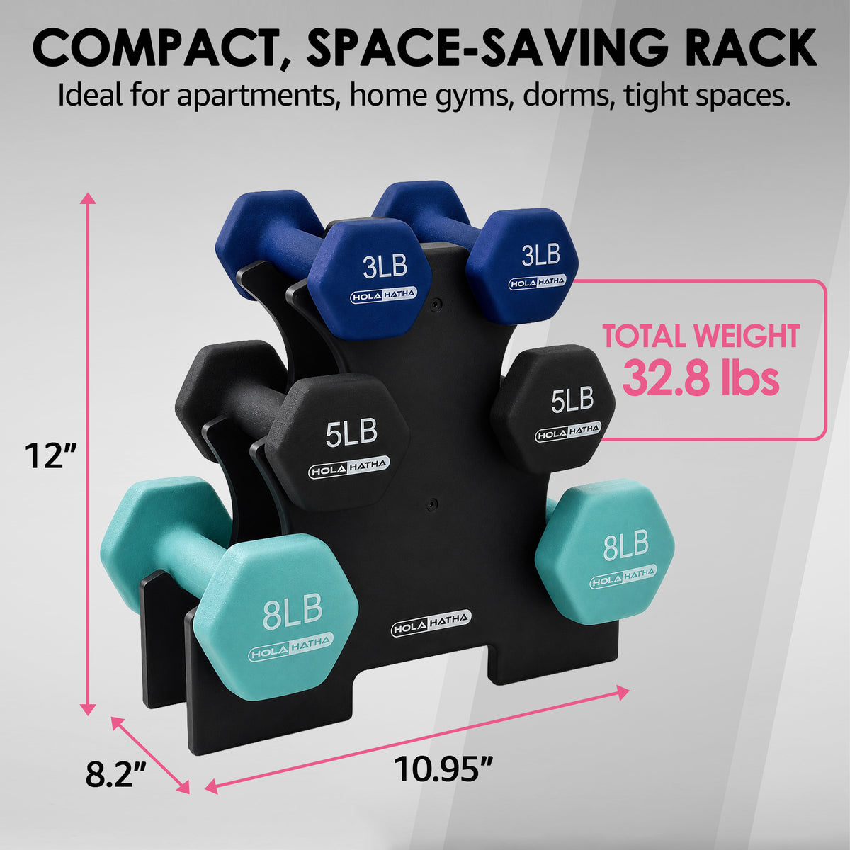 HolaHatha Weight Set w/ 3, 5 & 8 LB Hand Weights & Storage Rack (Open Box) - VMInnovations