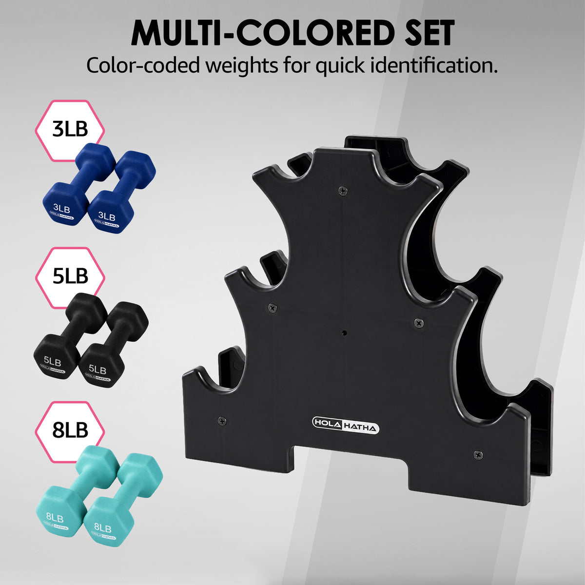 HolaHatha Weight Set w/ 3, 5 & 8 LB Hand Weights & Storage Rack (Open Box) - VMInnovations