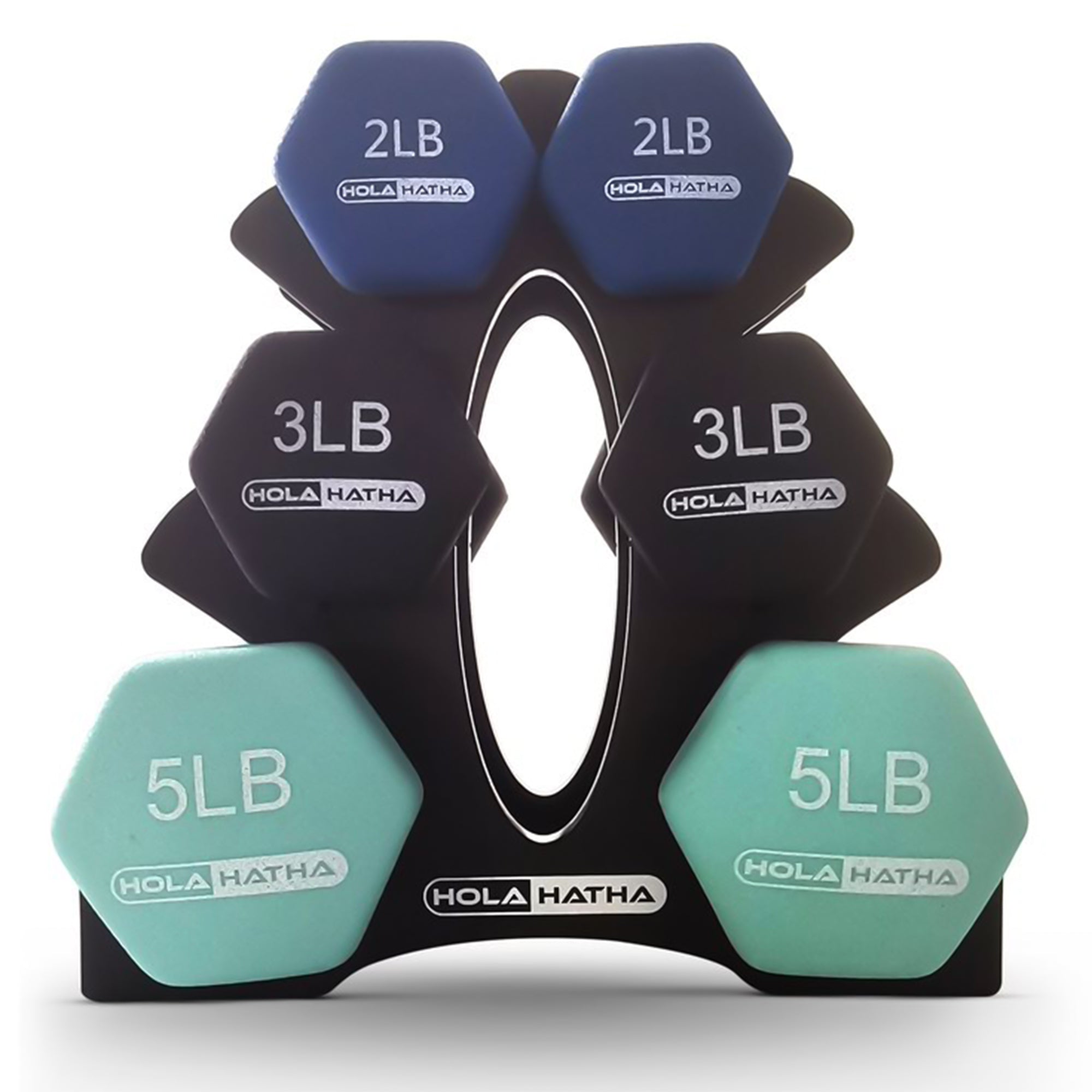 HolaHatha 2, 3, & 5 Pound Neoprene Dumbbell Weight Set w/ Rack, Pastel (Used) - VMInnovations