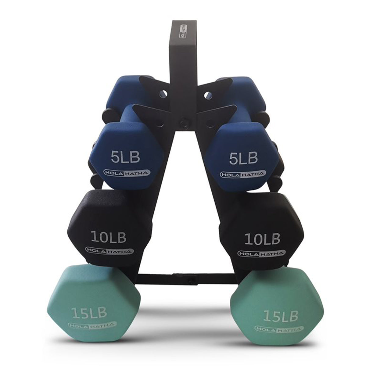HolaHatha 5, 10, and 15 LB Neoprene Dumbbell Weight Set w/ Rack (Open Box)