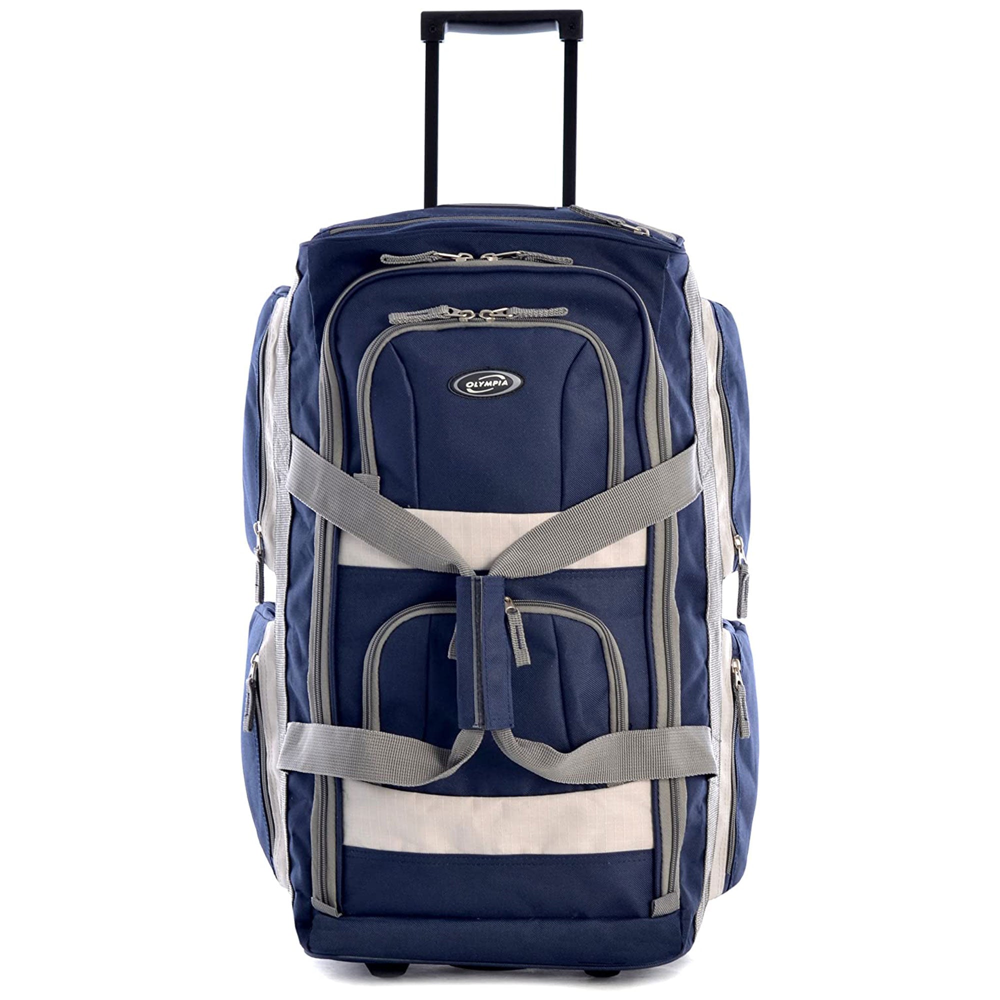 Olympia 29 Inch 8 Pocket U Shape Rolling Duffel Bag w/ Retractable Handle, Navy