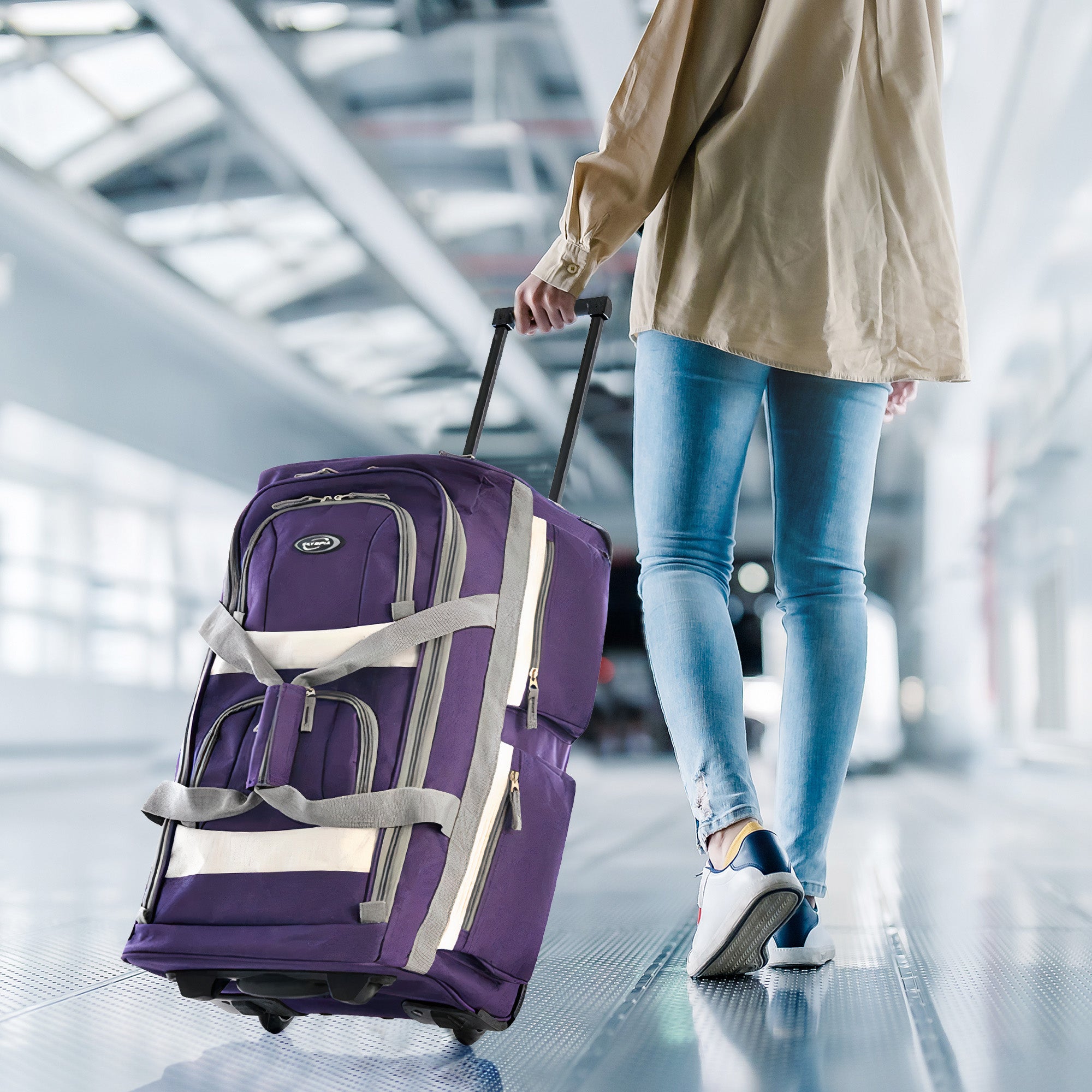Olympia 29 Inch 8 Pocket U Shape Rolling Duffel Bag with Handle, Lavender (Used) - VMInnovations
