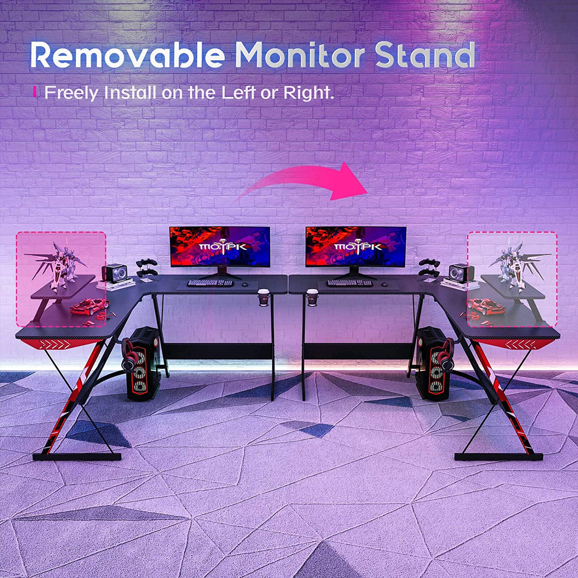 MOTPK 51 Inch L Shaped Carbon Fiber Computer Gaming Desk w/ Monitor Shelf (Used) - VMInnovations