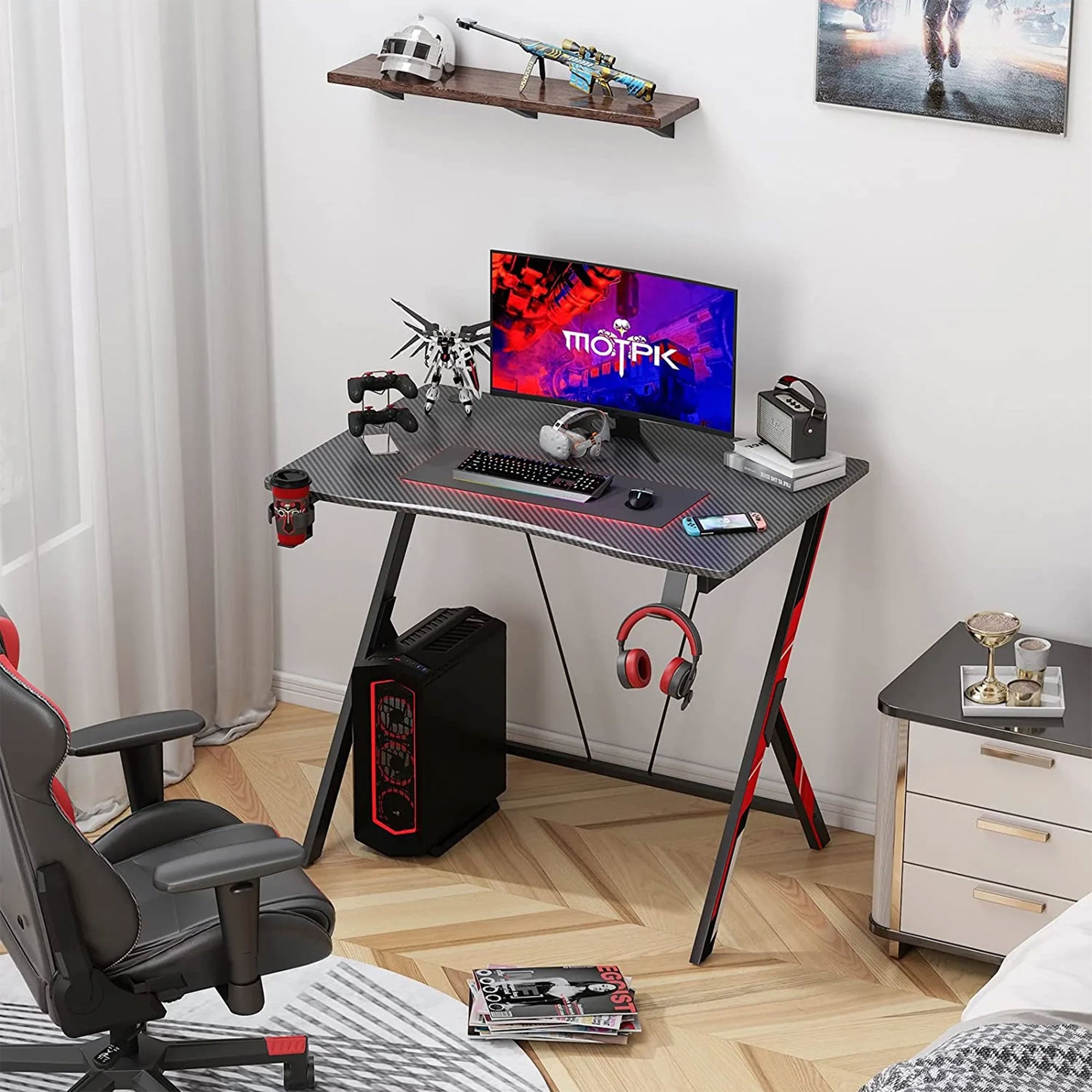 MOTPK 31 Inch Wide Space Saving Carbon Fiber Computer PC Gaming Desk, Black - VMInnovations