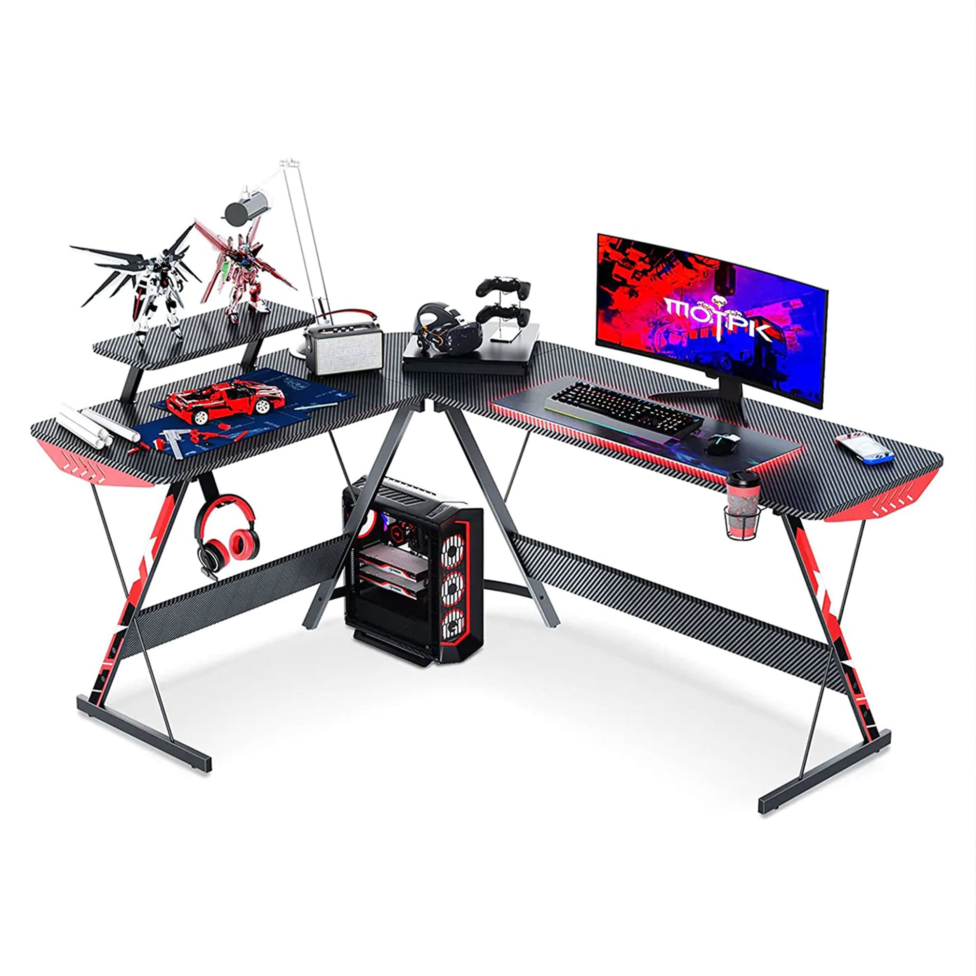 MOTPK 58" L Shaped Computer Gaming Desk w/Monitor Shelf, Black (Open Box) - VMInnovations