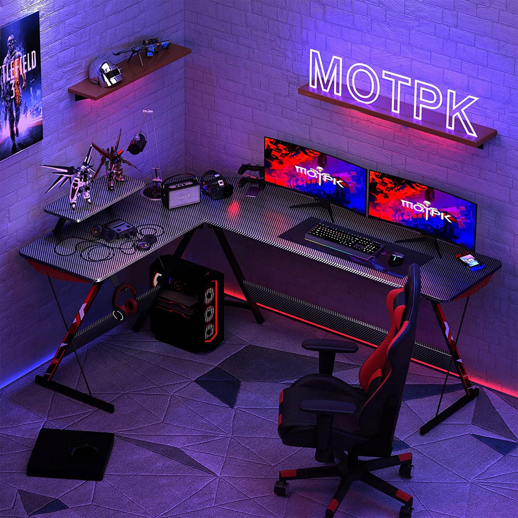 MOTPK 66 Inch L Shaped Carbon Fiber Gaming Desk w/ Monitor Shelf, Black (Used) - VMInnovations