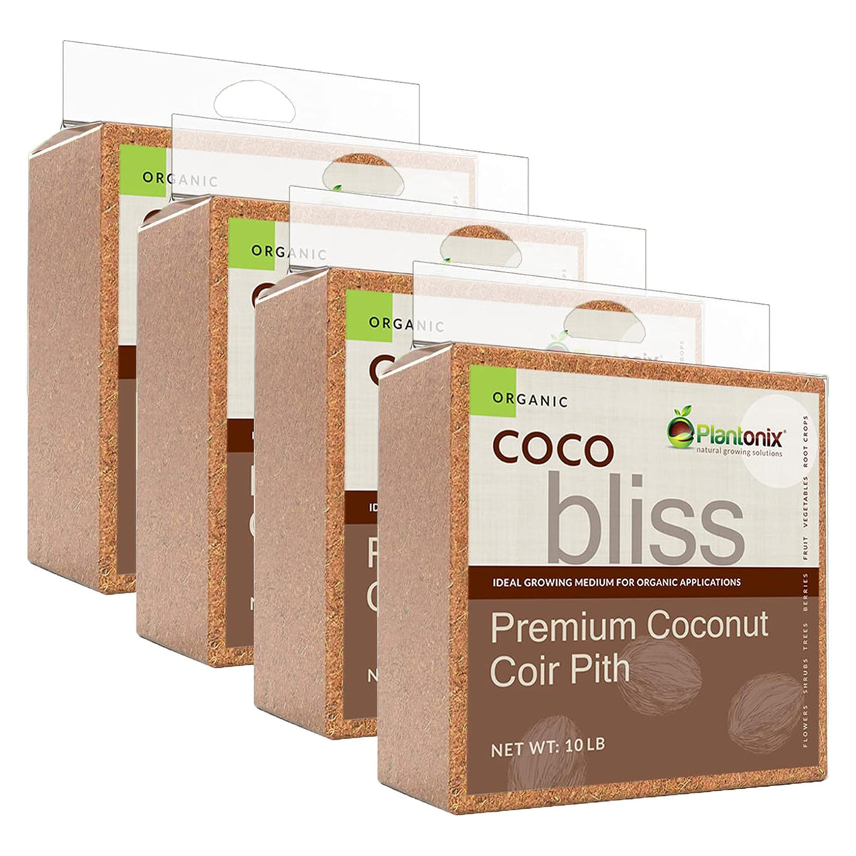 Plantonix Coco Bliss Premium Organic Coconut Coir Pith 10 Pound Bricks (4 Pack) - VMInnovations