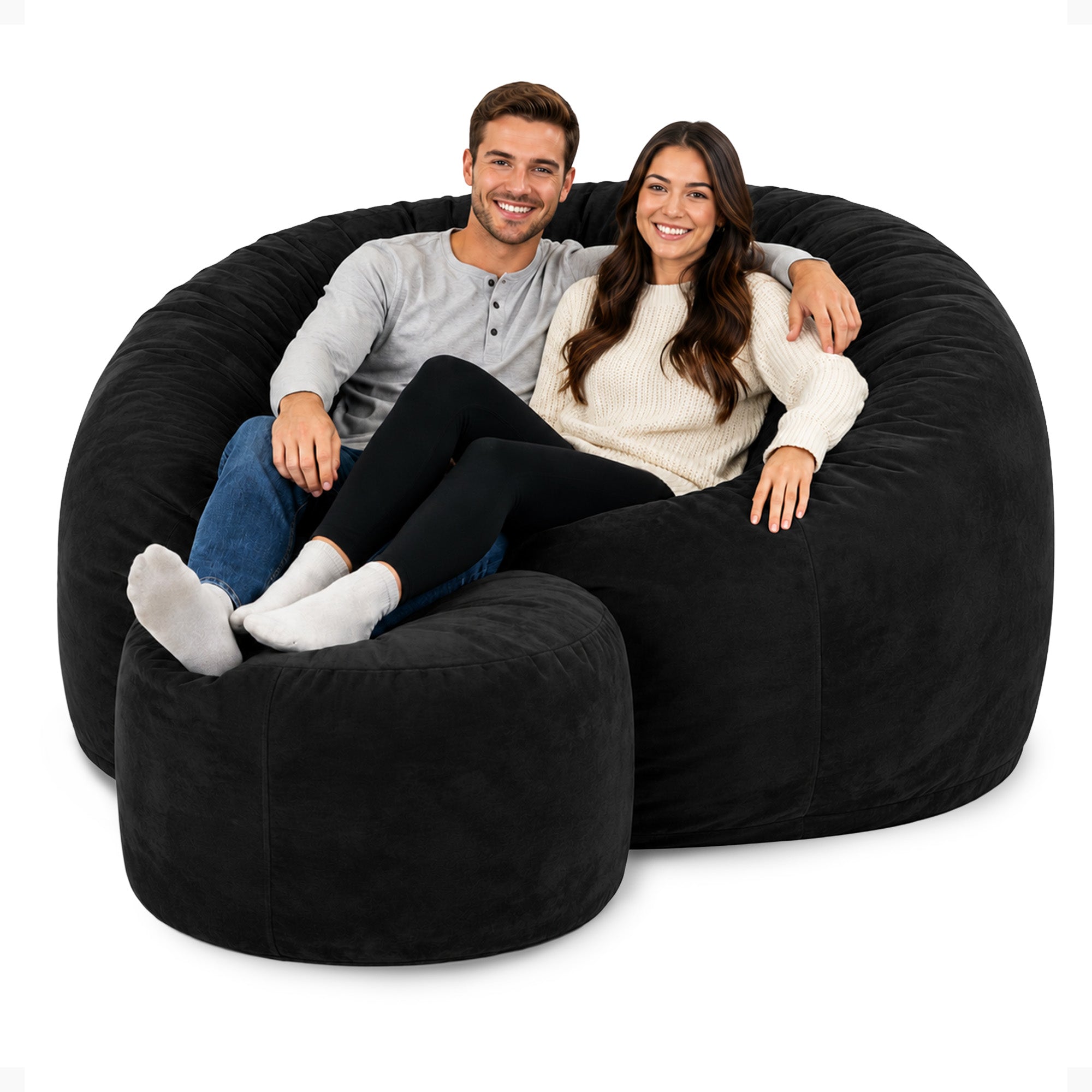 Ultimate Sack 6ft Bean Bag Chair and Footstool, Oversized Lounger, Black Suede - VMInnovations