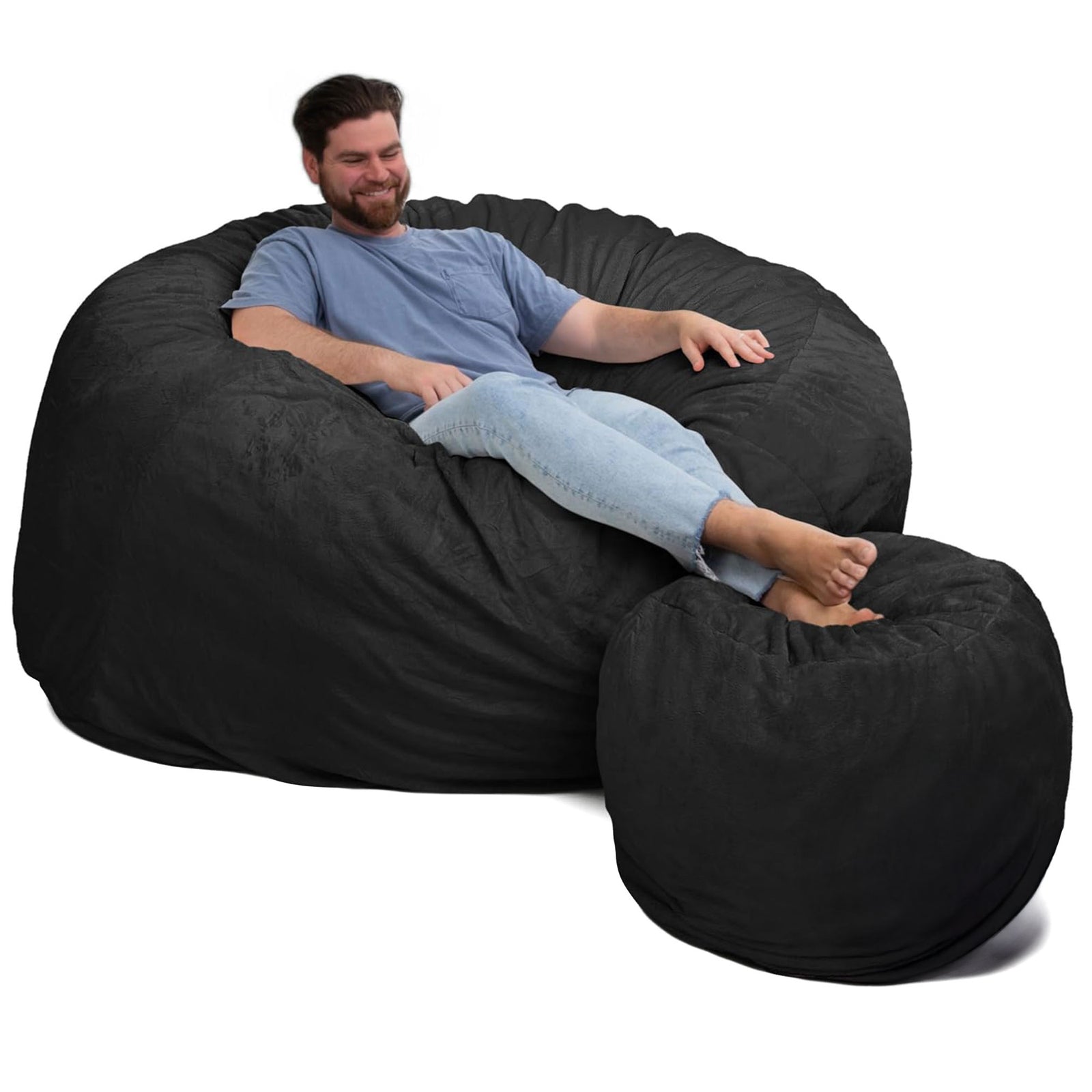 Ultimate Sack 6000 6 Foot Pre Filled Fur Bean Bag Chair with Footstool, Charcoal - VMInnovations