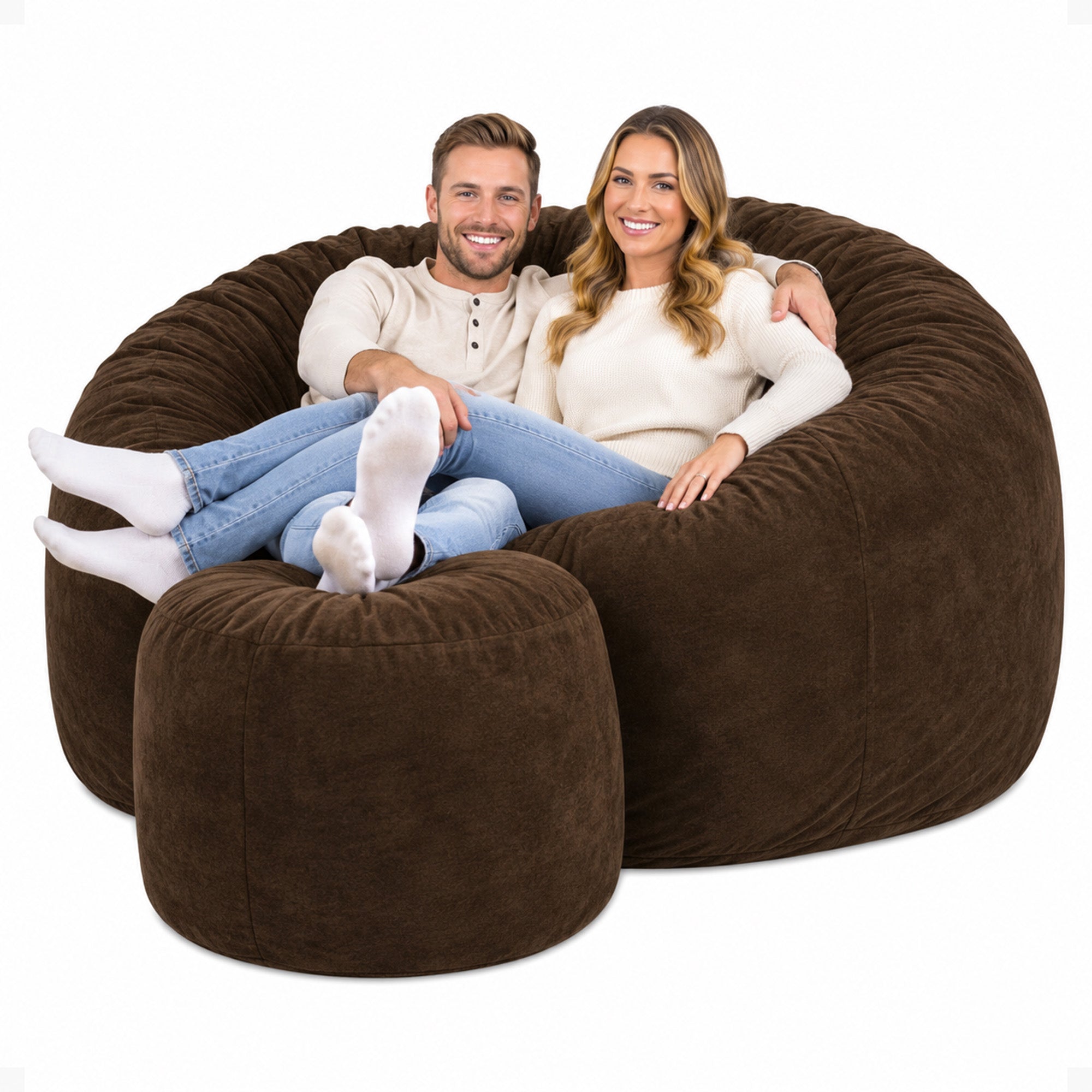 Ultimate Sack 6ft Bean Bag Chair and Footstool, Oversized Lounger, Brown Suede - VMInnovations