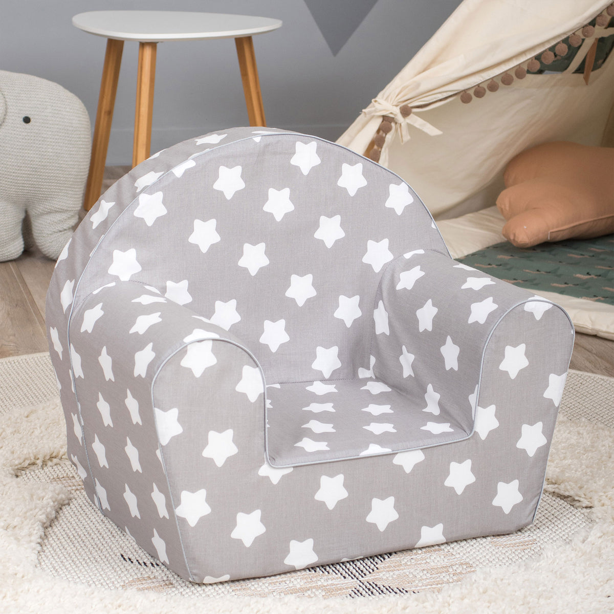 Lightweight Kid Sized Comfy Lounger Reading Chair, Grey w/ Stars (Open Box)
