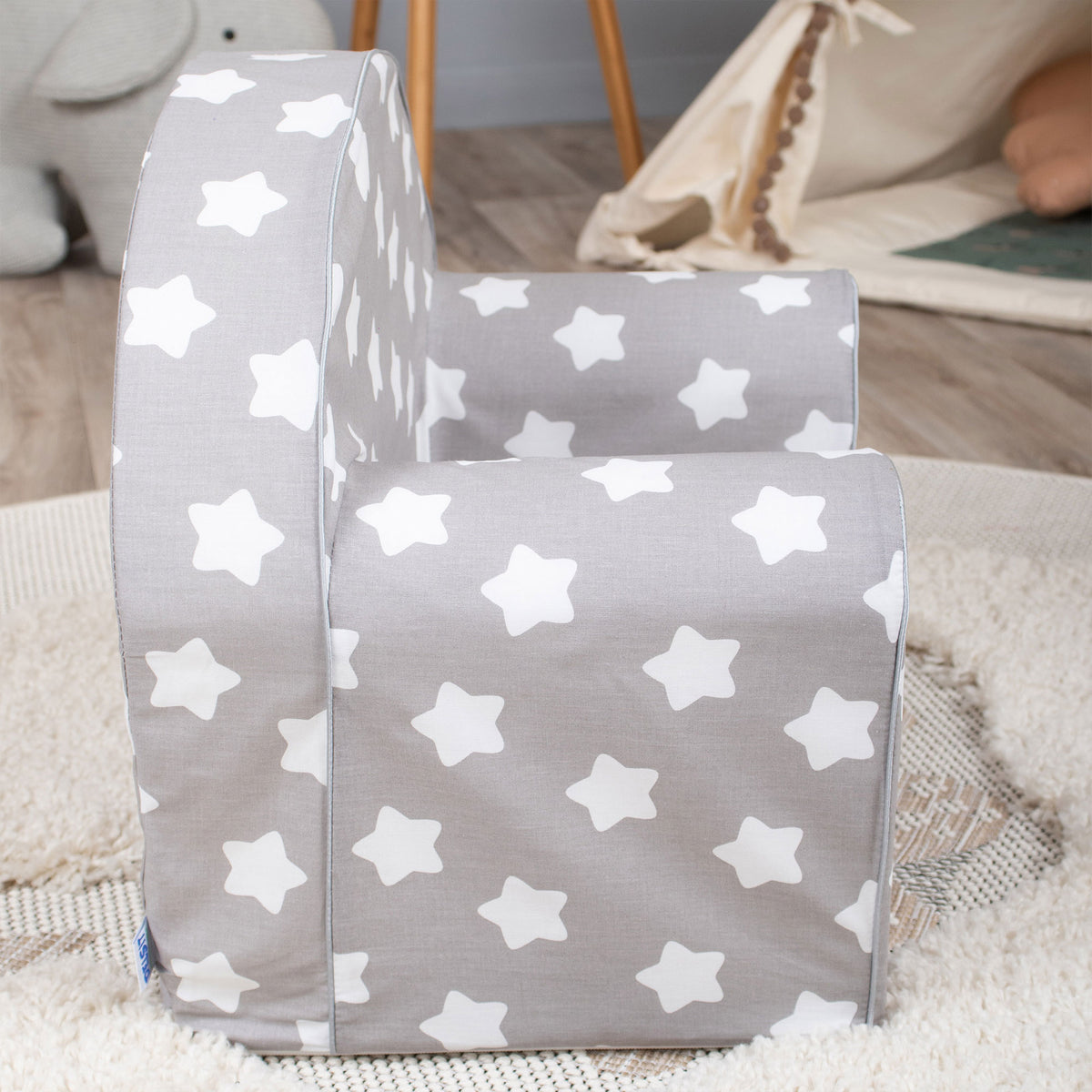 Lightweight Kid Sized Comfy Lounger Reading Chair, Grey w/ Stars (Open Box)