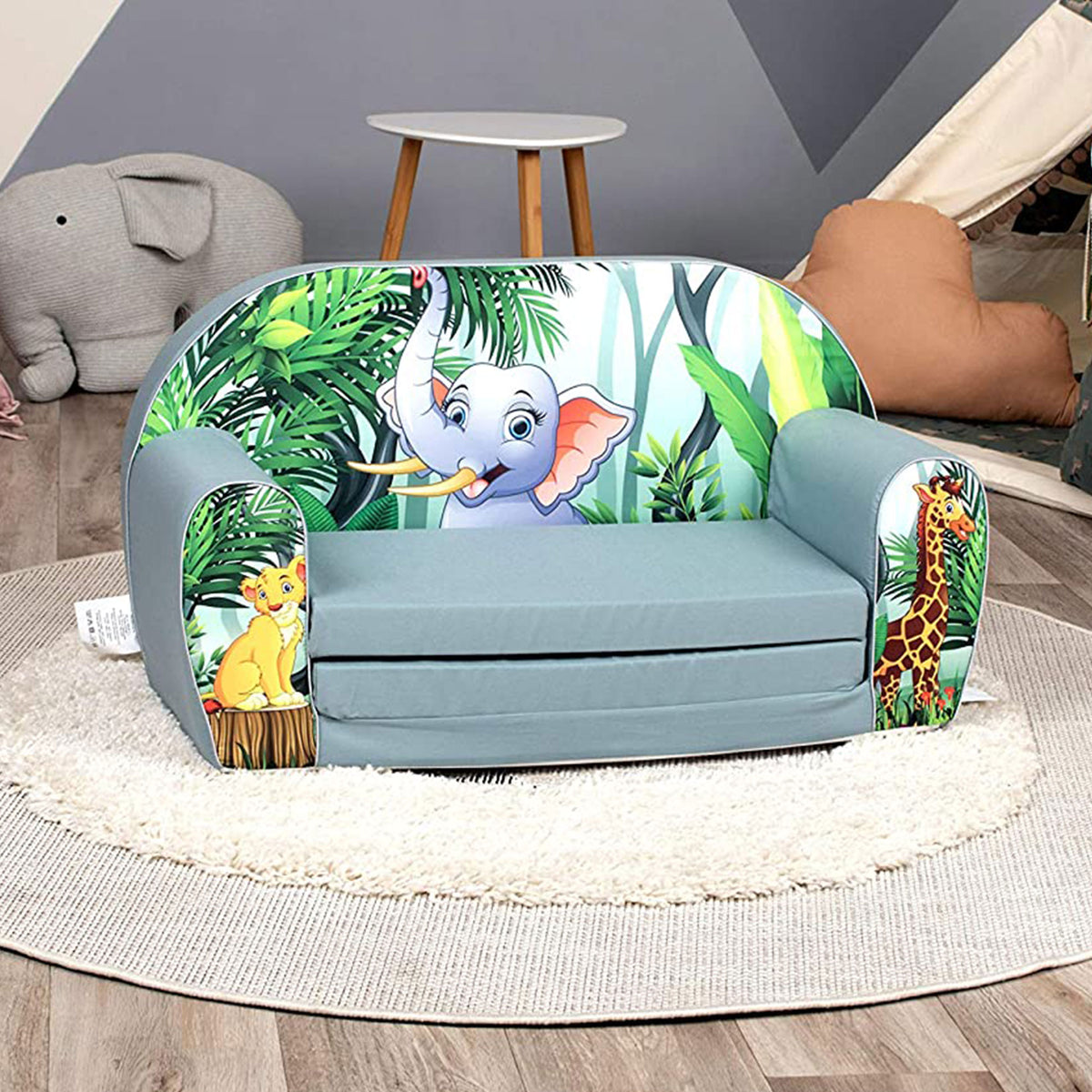 Delsit Toddler Couch 2 in 1 Flip Open Kid Sized Foam Sofa Lounger, Elephant Pal - VMInnovations