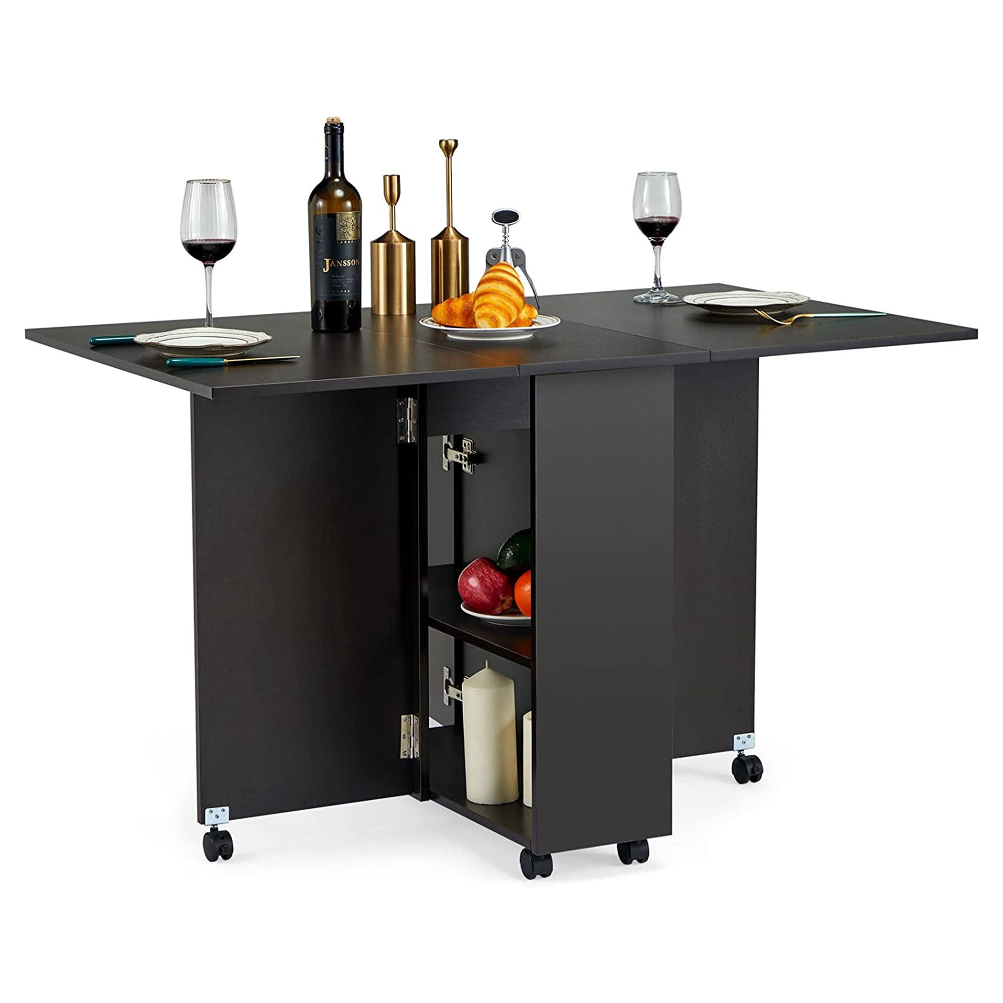 JOMEED Folding Dining Kitchen Table with Drawer and 2-Layer Storage Shelf, Black - VMInnovations