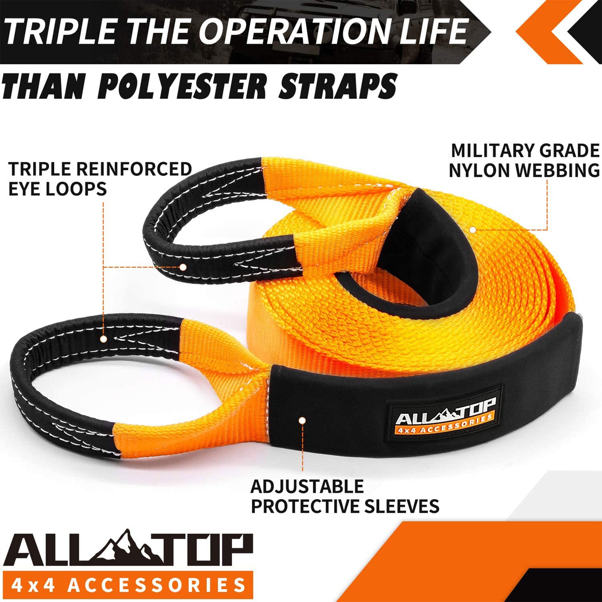 ALL-TOP 3 Inch Nylon Recovery Snatch Strap, 30 Feet, 35,000 Lb Capacity, Orange - VMInnovations