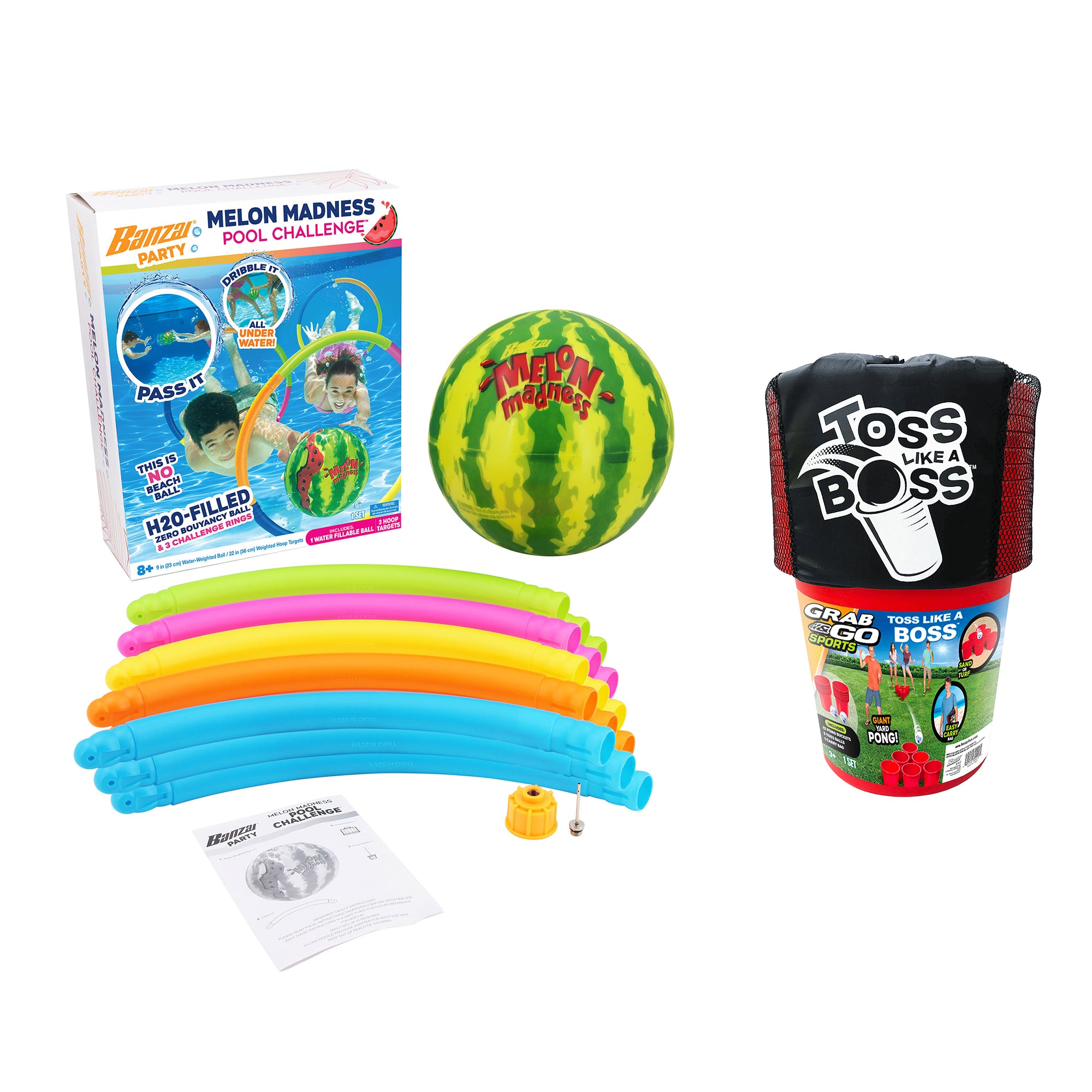 Banzai Toss Like A Boss Pong Lawn Game & Melon Madness Water Filled Ball & Hoops - VMInnovations