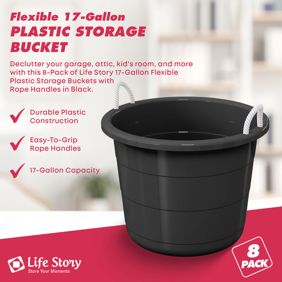 Life Story 17 Gal Flexible Plastic Storage Bucket w/ Rope Handles, Black, 8 Pack - VMInnovations