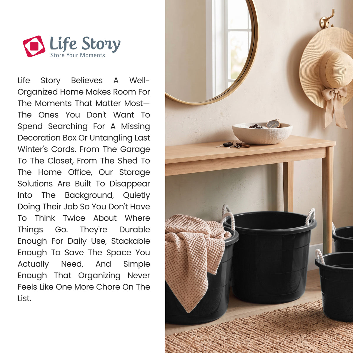 Life Story 17 Gal Flexible Plastic Storage Bucket w/ Rope Handles, Black, 8 Pack