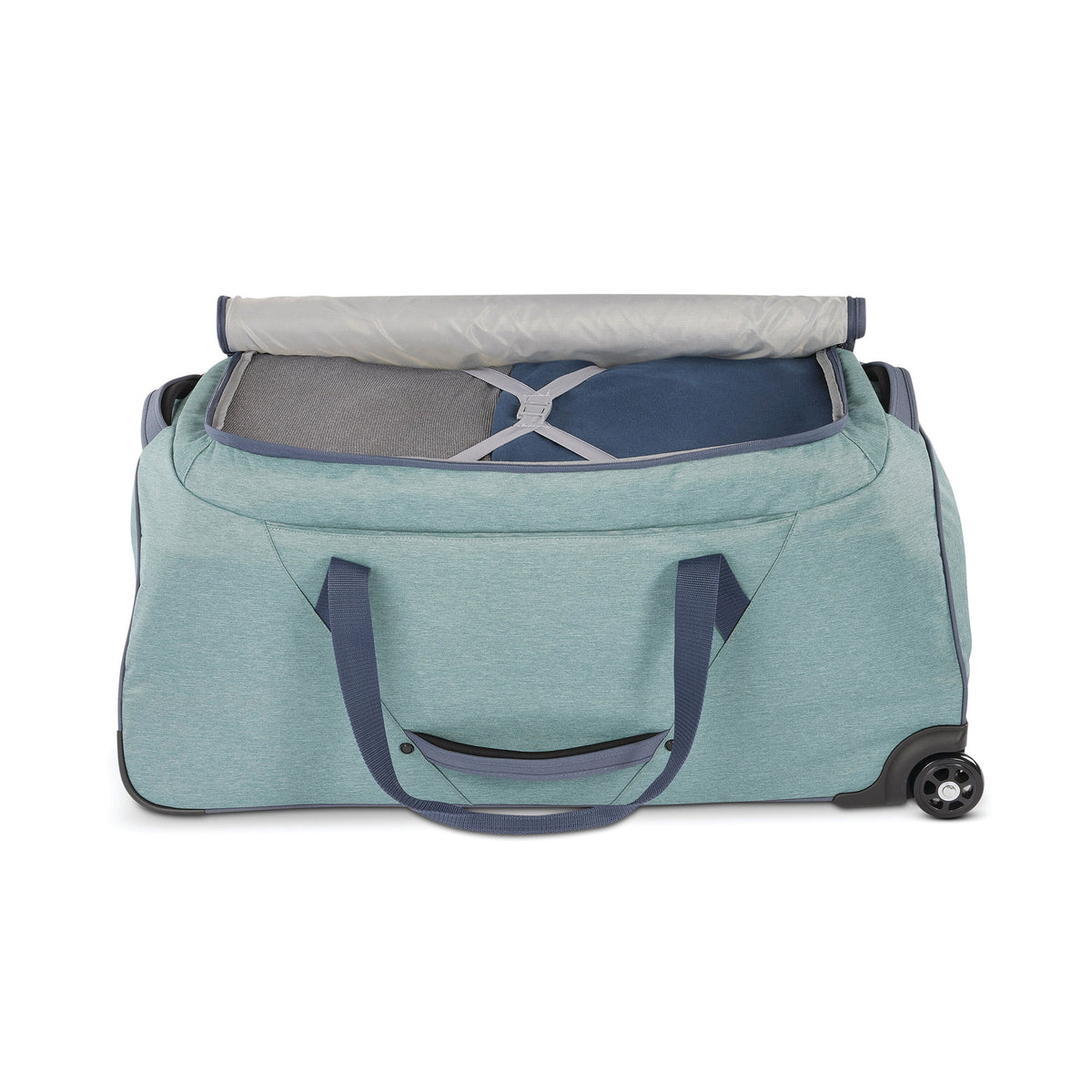 34 Inch Roomy Wheeled Duffel with Grab Handles, Slate Blue (Used)