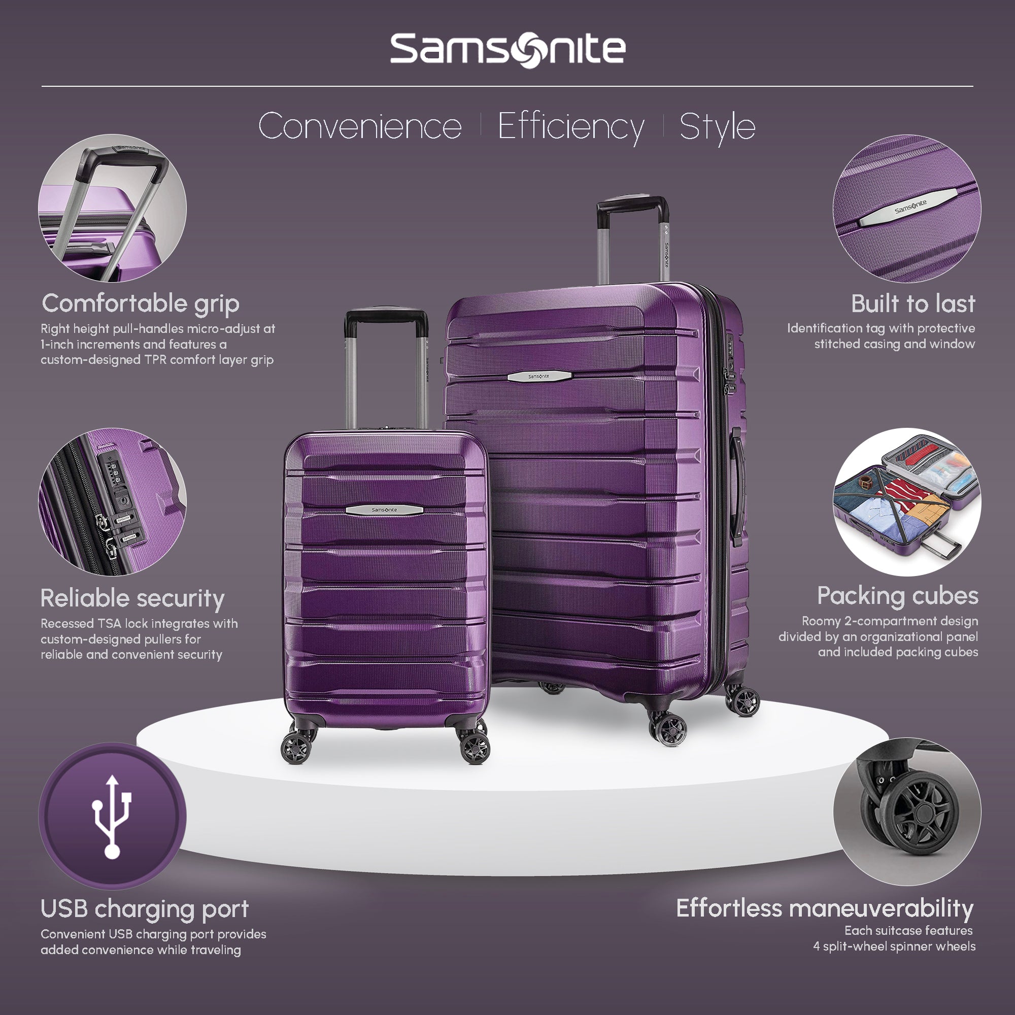 Samsonite Tech 2.0 Hardside Luggage Set with Wheels, 2 Piece, Purple (Open Box) - VMInnovations