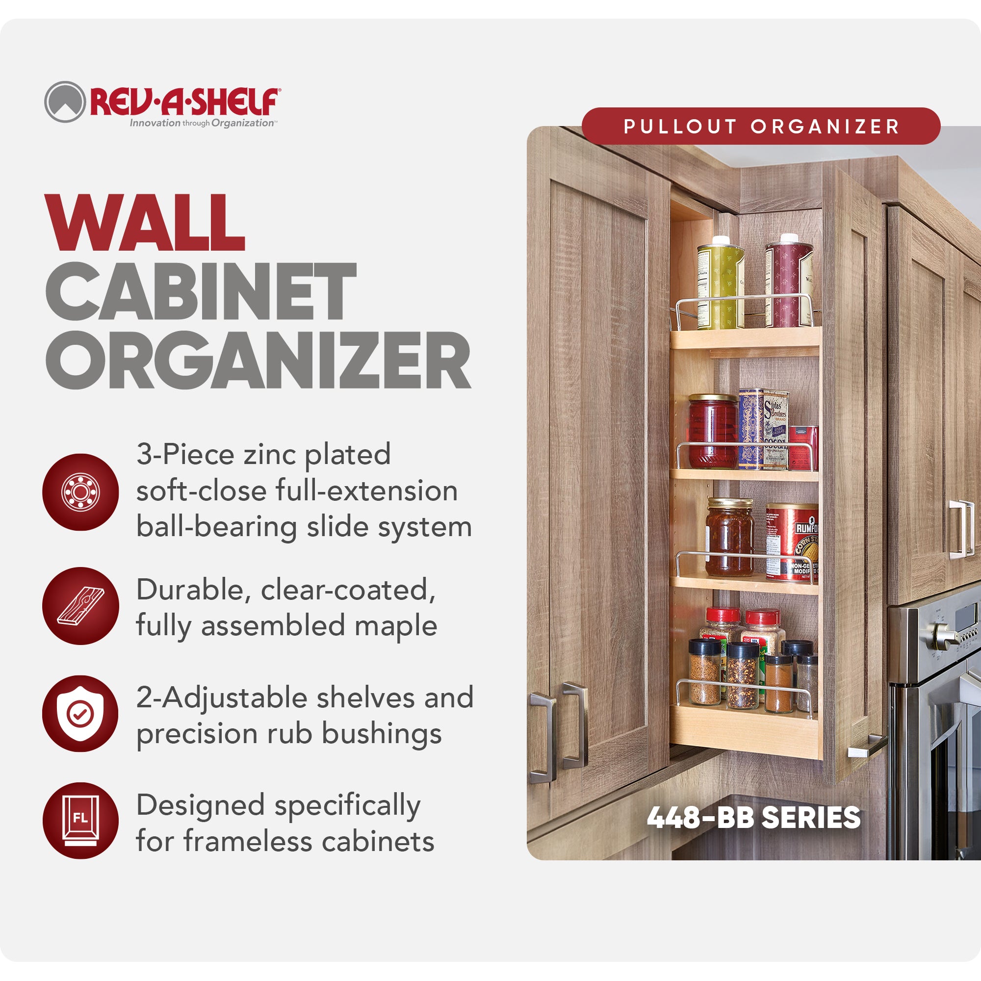 Rev-A-Shelf 9.5" Pullout Kitchen Wall Cabinet Organizer Soft-close, 448-BBSCWC-9C