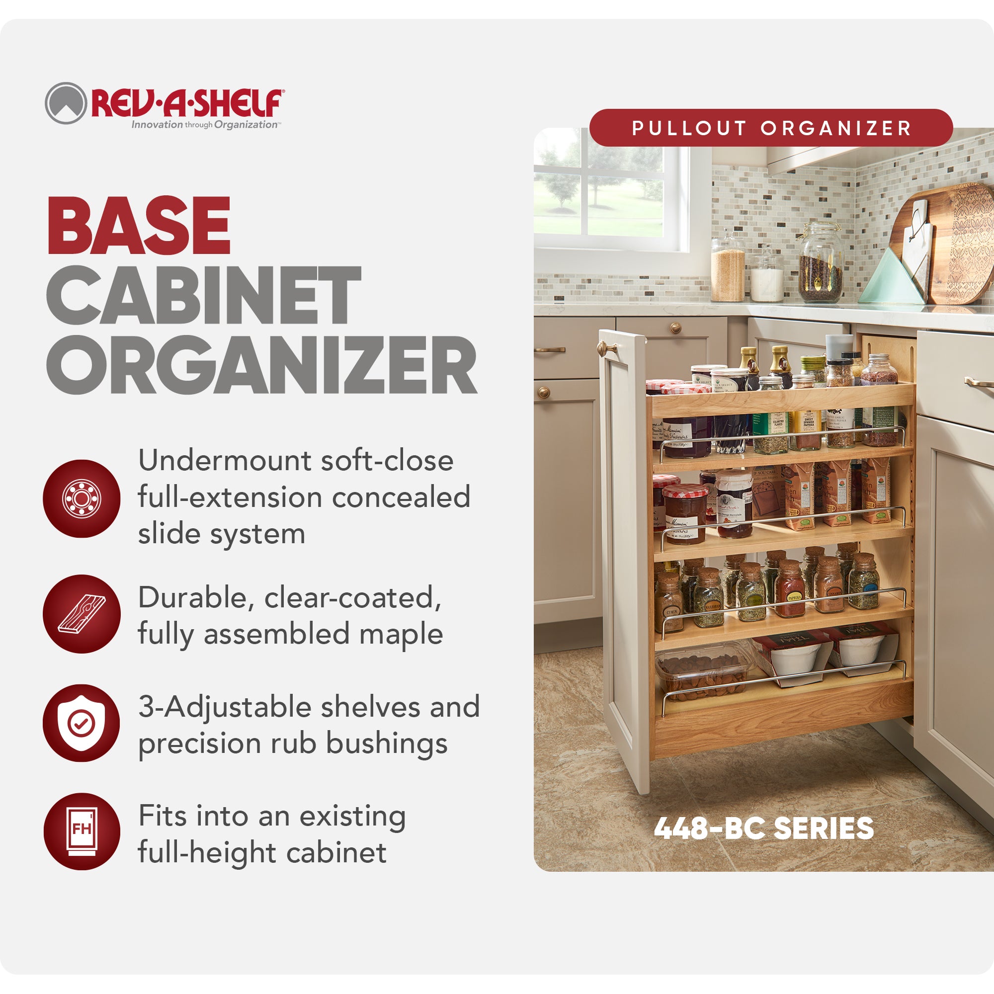 Rev-A-Shelf 11.75" Pullout Kitchen Cabinet Organizer Soft-close, 448-BCSC-11C