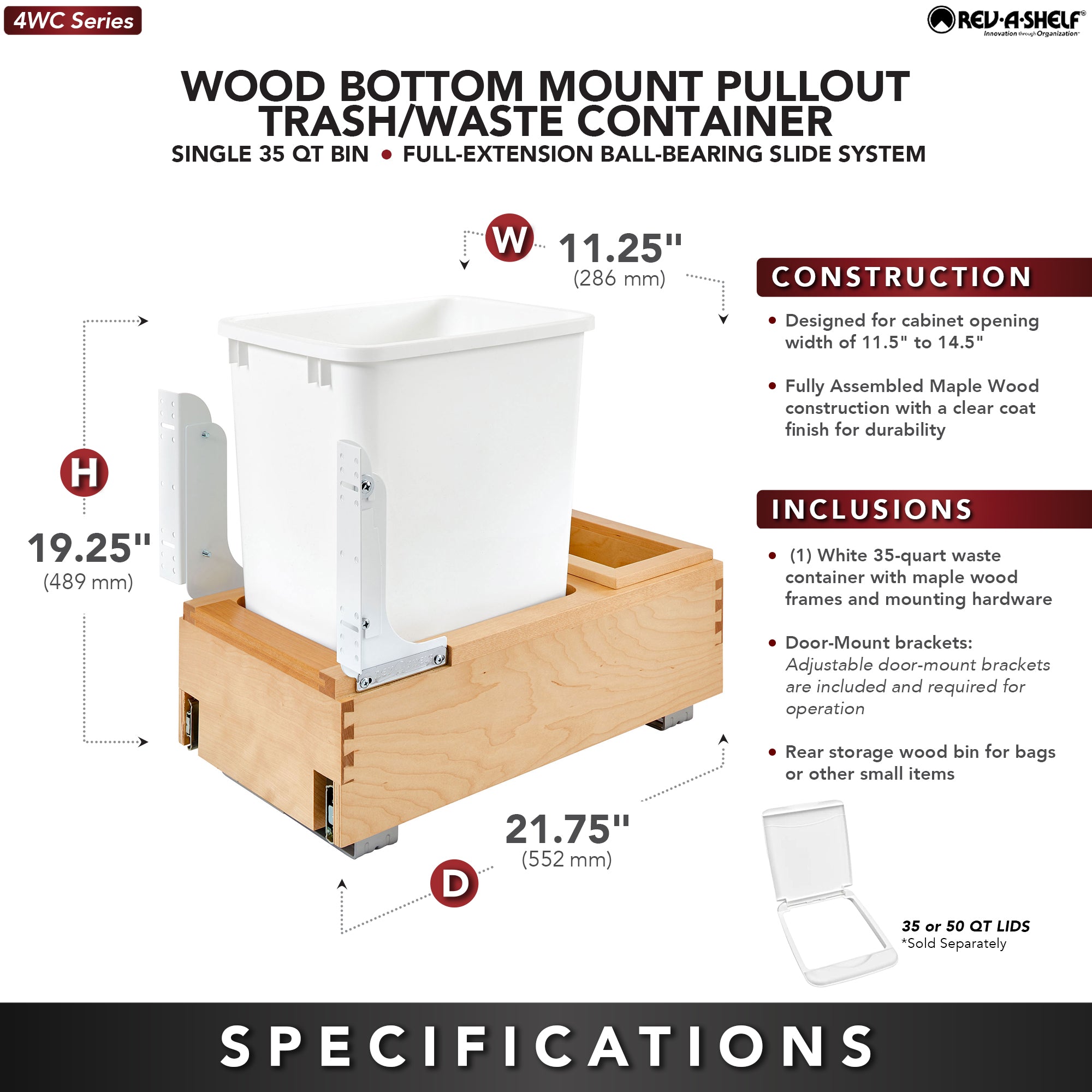 Rev-A-Shelf Single 35 qt. Pullout Bottom Mount Trash Can, Maple, 4WC-15DM1 - VMInnovations