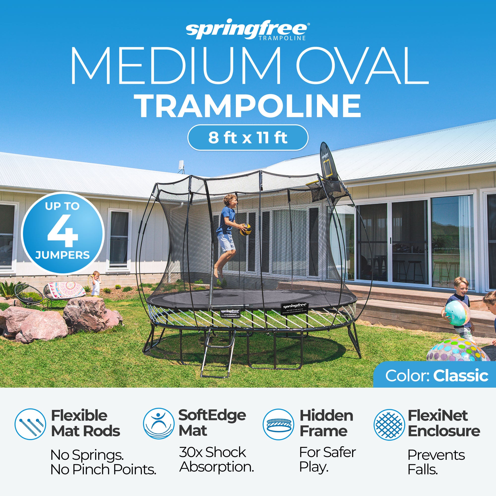 Springfree Trampoline Kids Oval 8 x 11 Ft Trampoline & FlexrHoop Basketball Game