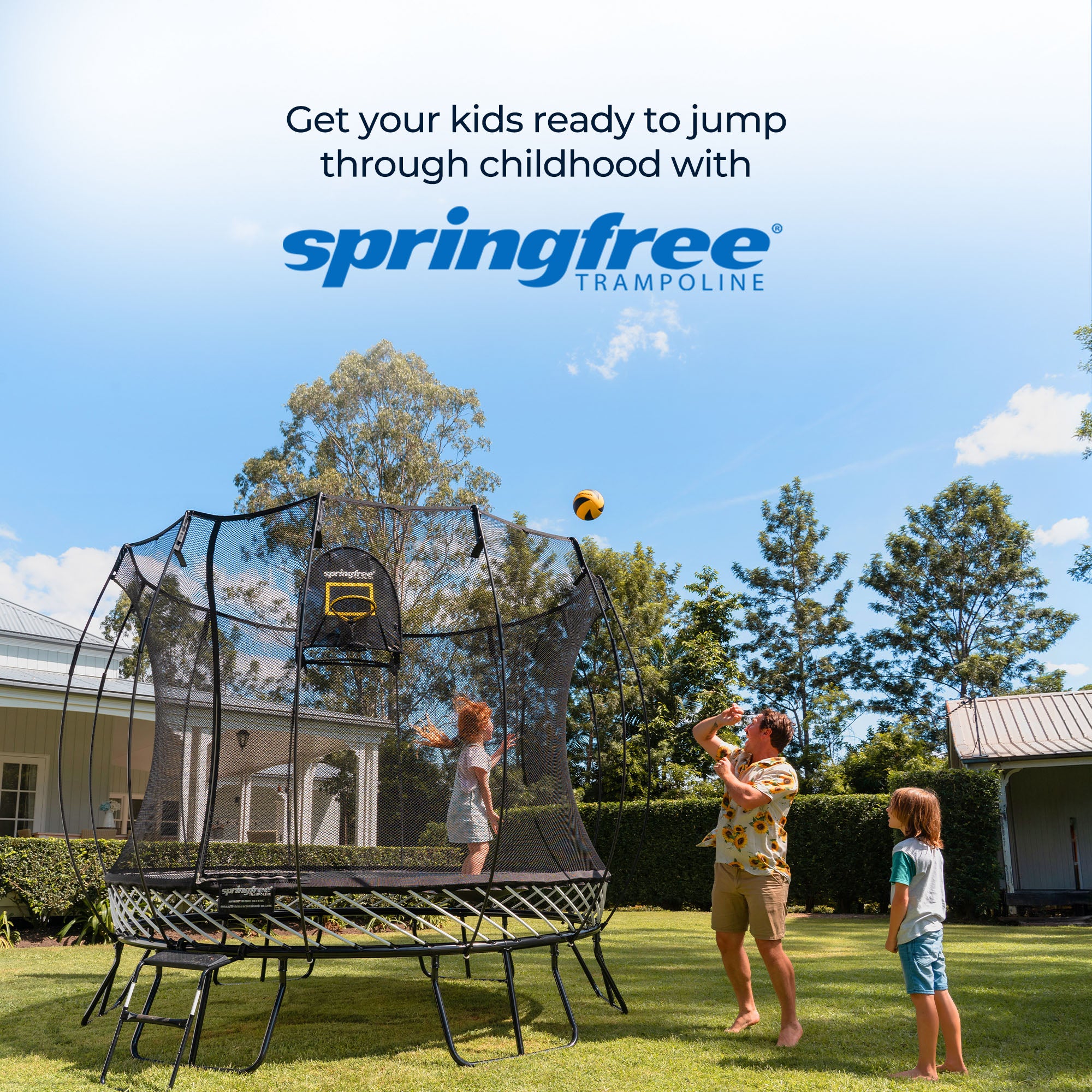 Springfree Trampoline Kids Square 11 Foot Trampoline & FlexrHoop Basketball Game