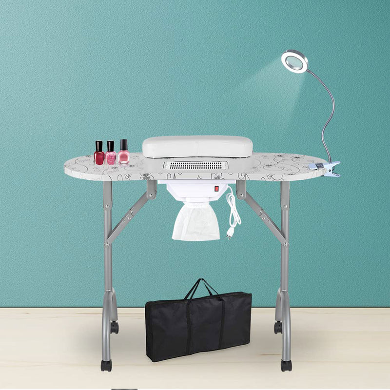 Professional 35 Inch Vented and Foldable Manicure Table, White Flower (Used)