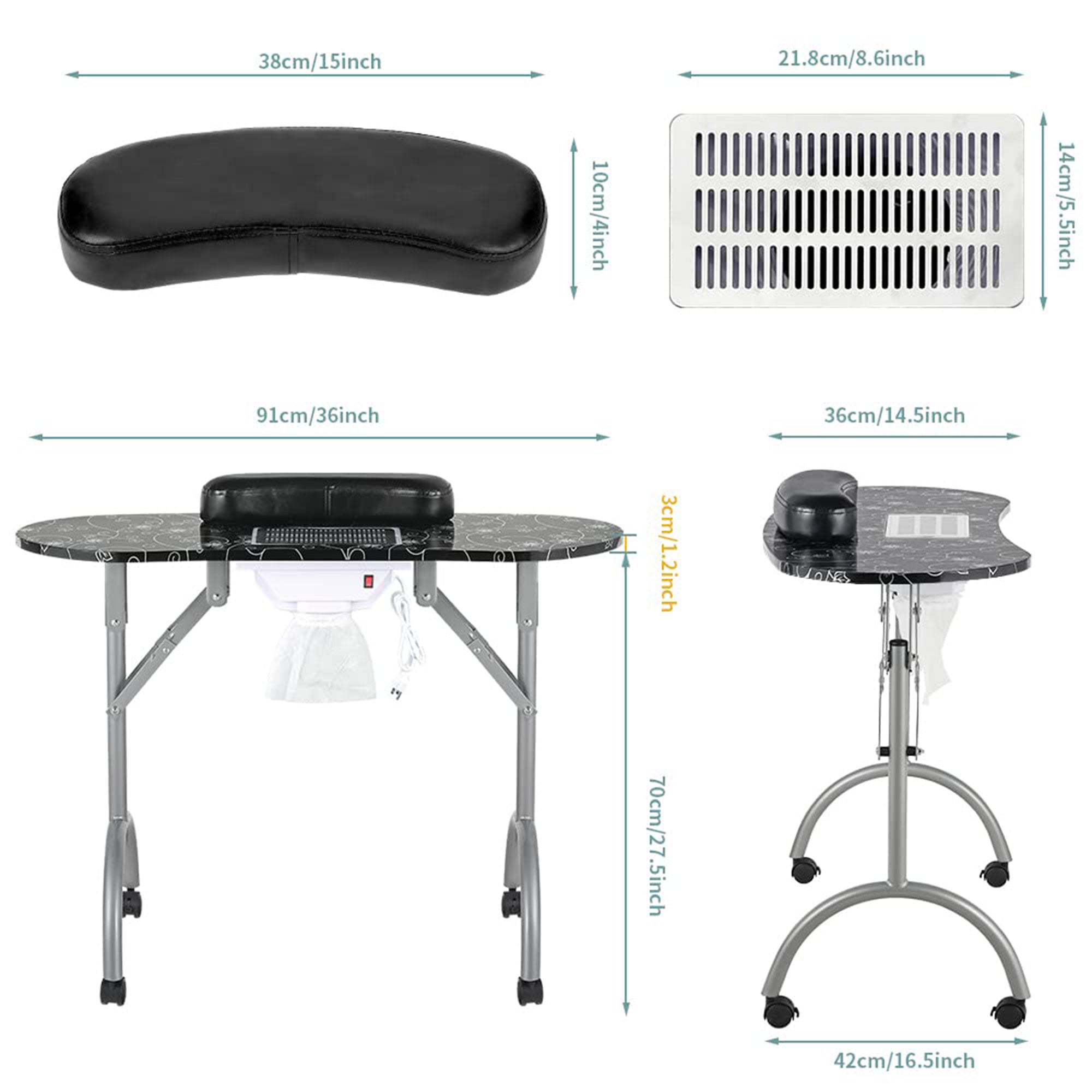 LEIBOU Professional 35 Inch Vented and Foldable Manicure Table, Black Flower
