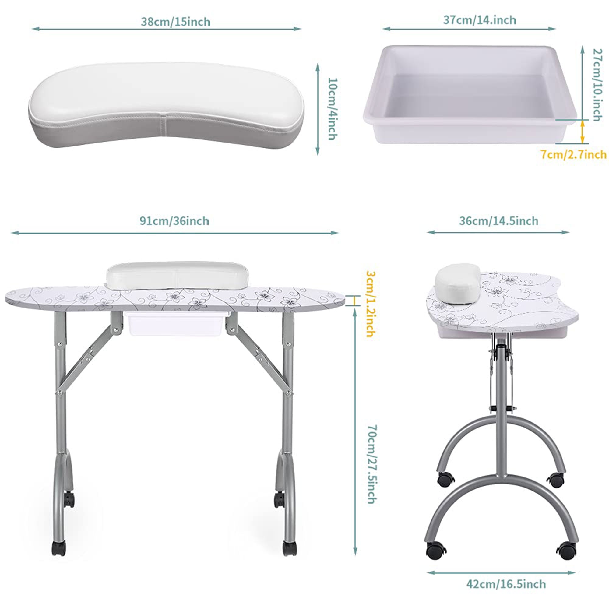 LEIBOU Professional 36 Inch Foldable Technician Manicure Table, White Flower