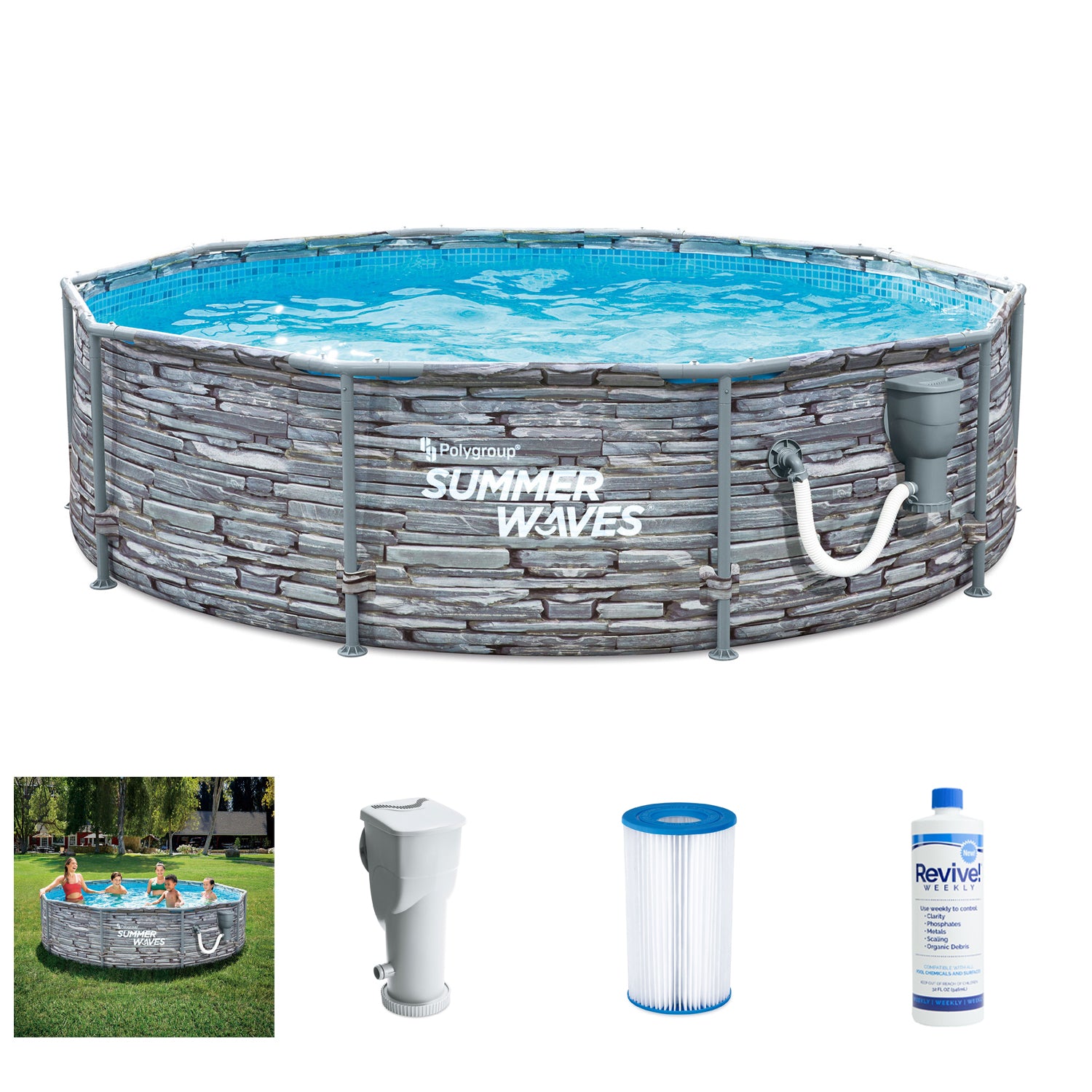 Summer Waves Active 12 Foot Stone Slate Print Metal Frame Above Ground Pool Set - VMInnovations