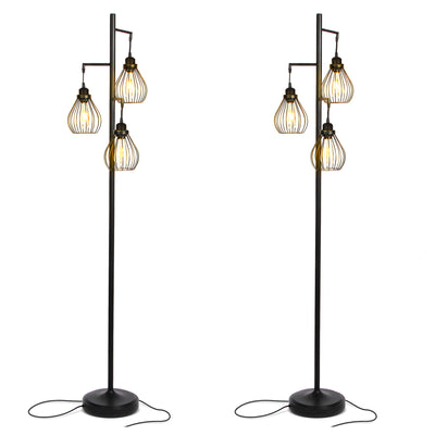 Brightech Teardrop Standing LED Floor Lamp with 3 Cage Heads, Black (2 Pack)
