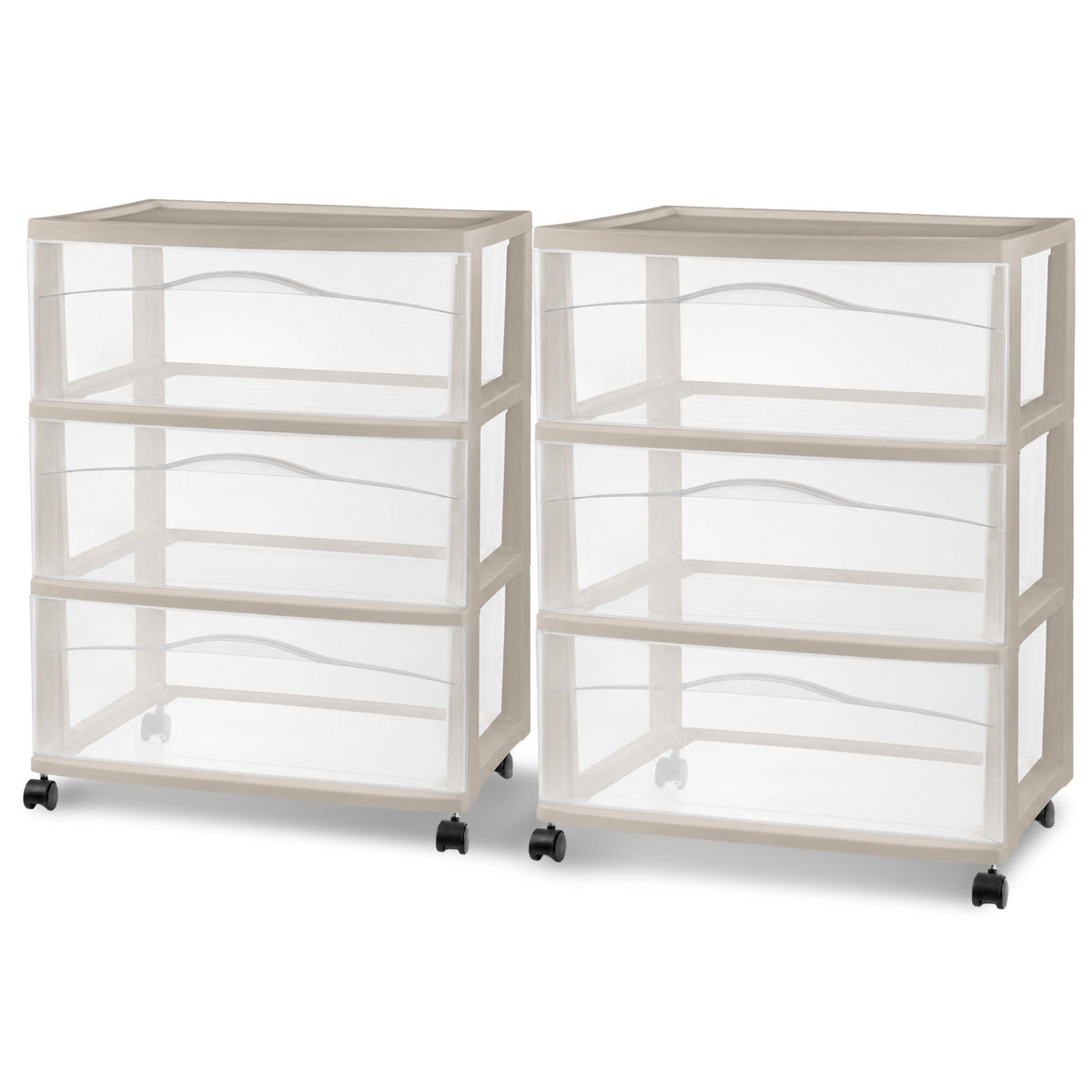 Sterilite Wide 3 Drawer Storage Cart, Plastic Rolling Organization, Grey, 2 Pack