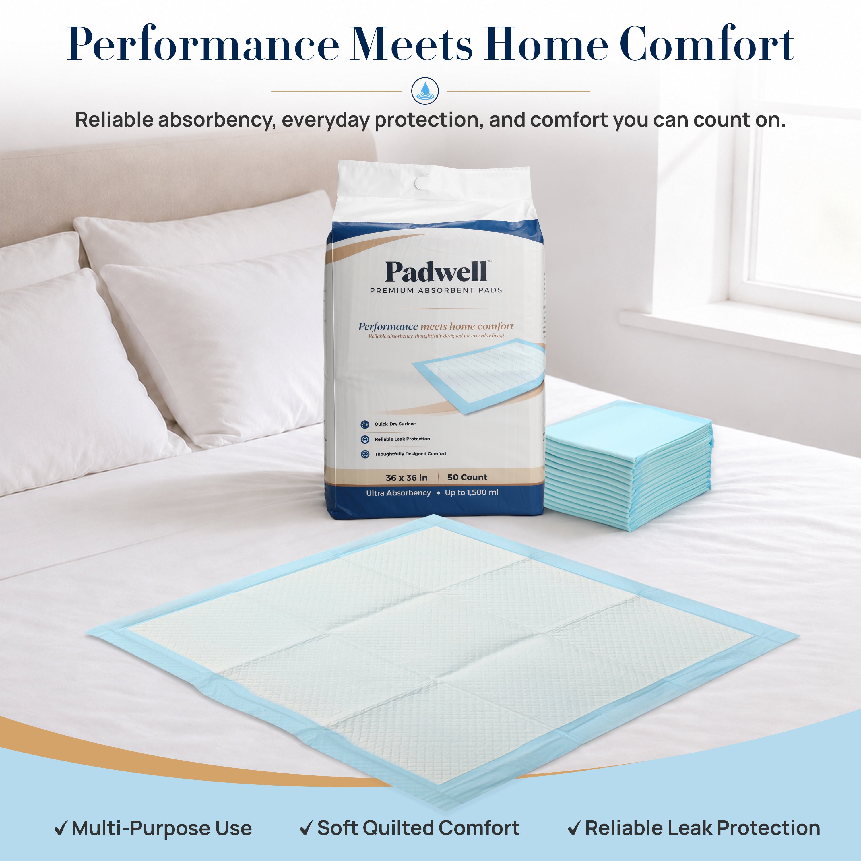 Padwell Absorbent Pads for Bed and Floor Protection, 36 x 36 Inches, 50 Count - VMInnovations
