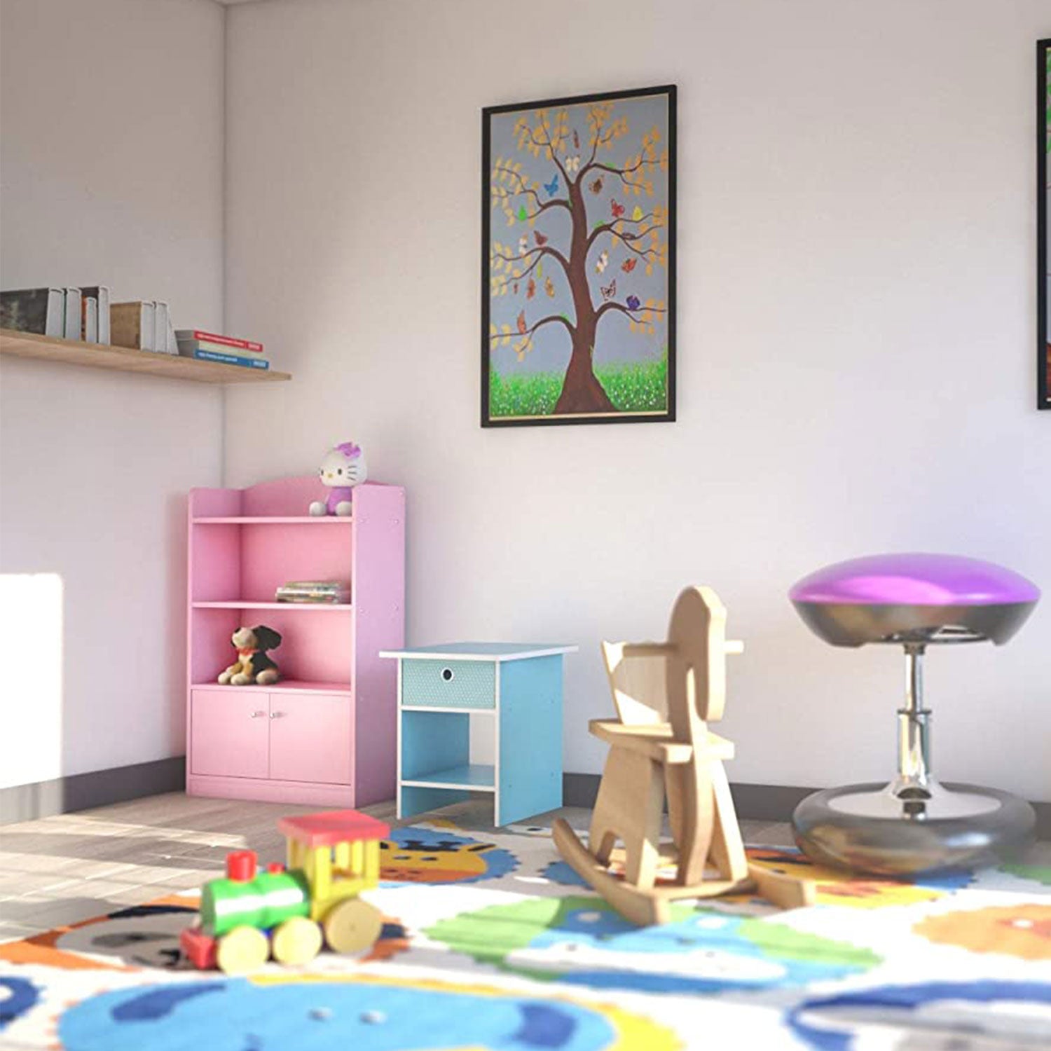 Furinno KidKanac Bookshelf Bookcase with 3 Shelves and Storage Cabinet, Pink - VMInnovations