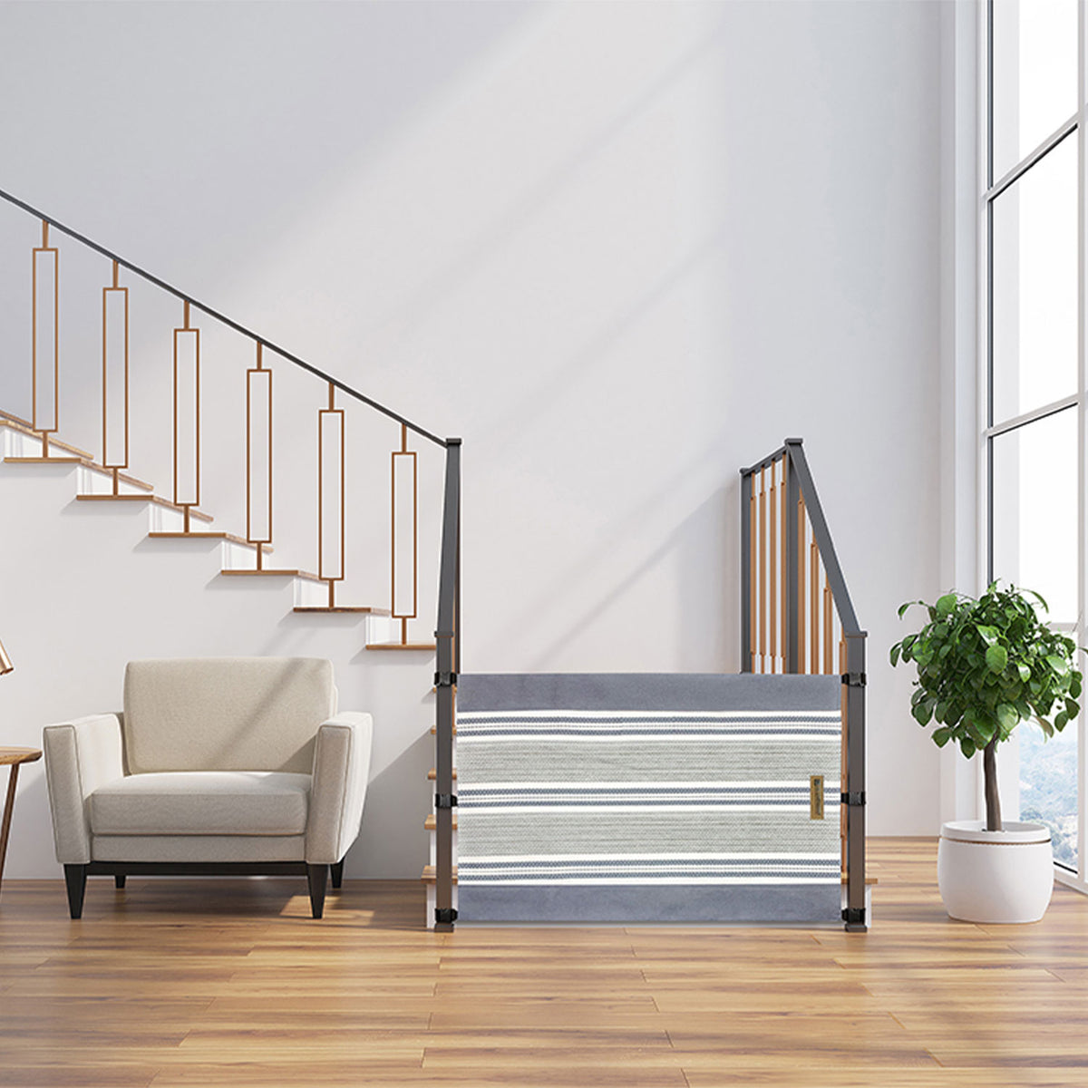The Stair Barrier 36 to 42 Inch Banister to Banister Baby & Pet Gate, Lined Gray - VMInnovations