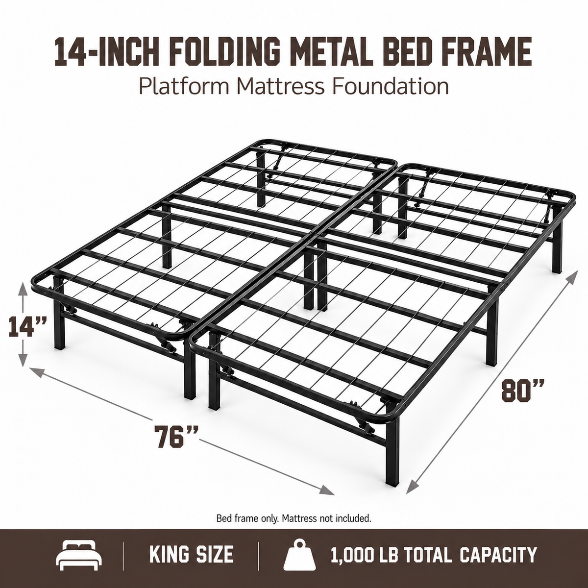 Hercules Folding Metal Bed Frame, 14 Inch Platform Mattress Foundation, King