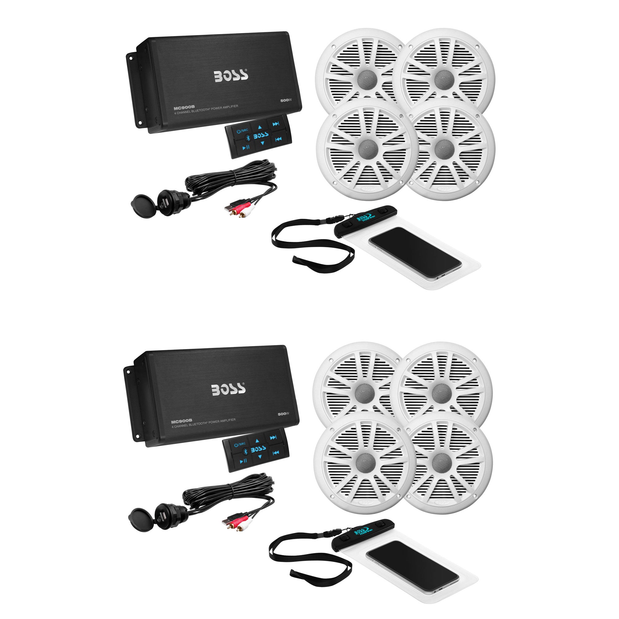 Boss Audio ASK904B.64 Marine Audio Amplifier, Speakers, USB Cable, & Phone Pouch (2 Pack)