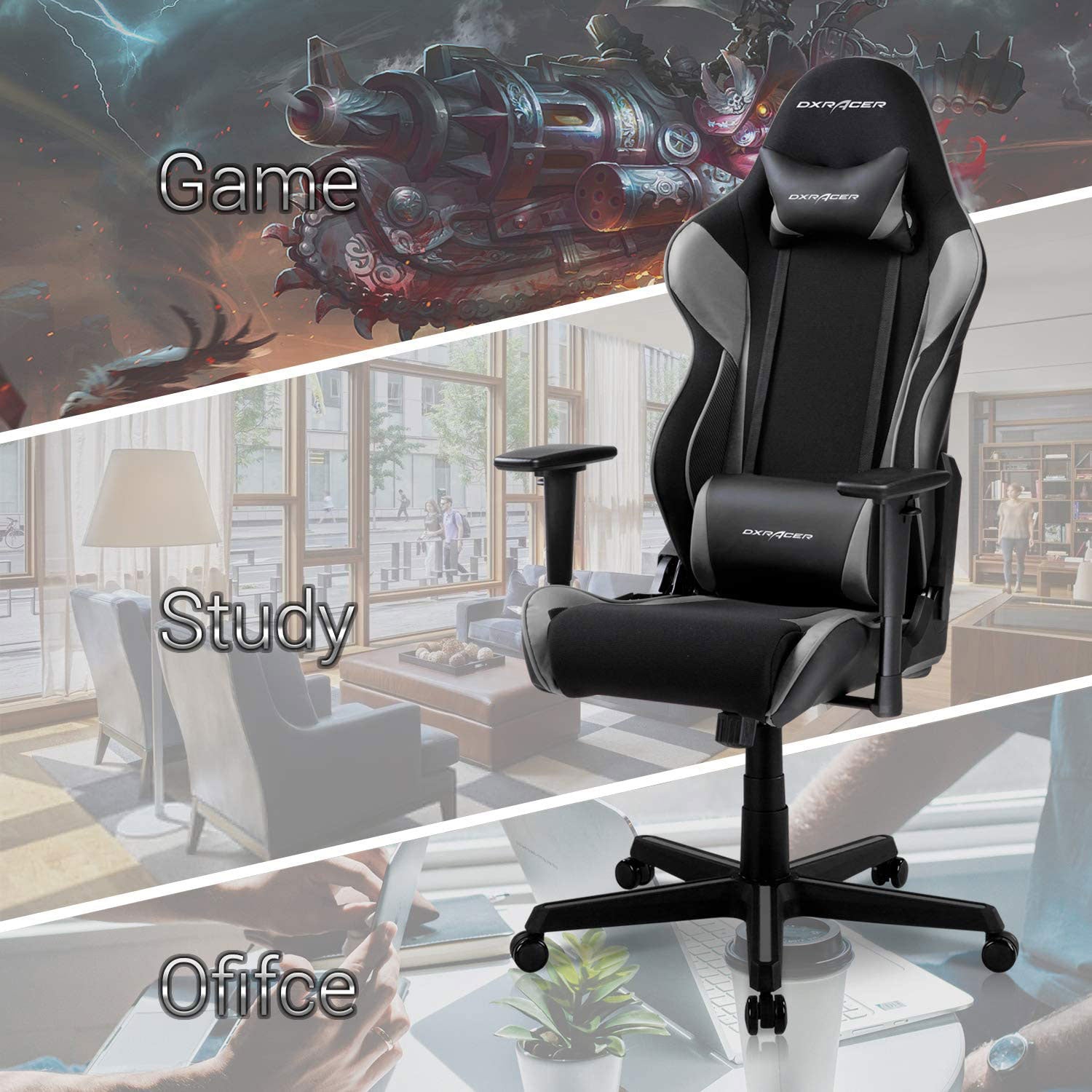 DXRacer Racing Ergonomic Home Office Desk Computer Gaming Chair, Black & Gray
