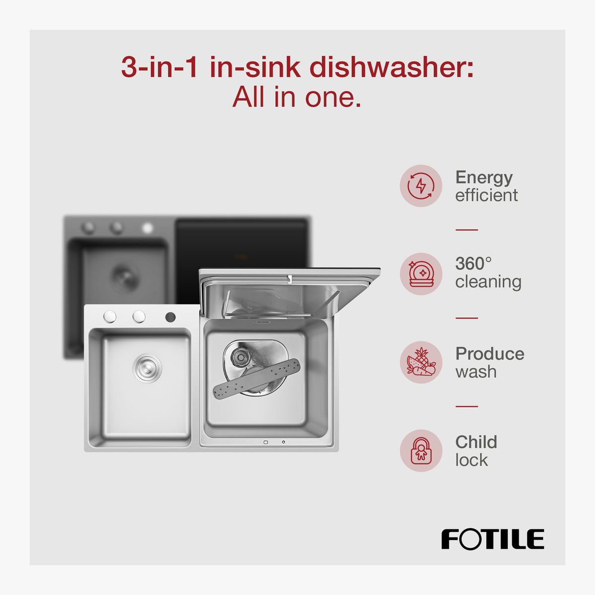 FOTILE 3-in-1 Dishwasher, Right Side Kitchen Sink Combo with 360-Degree Cleaning