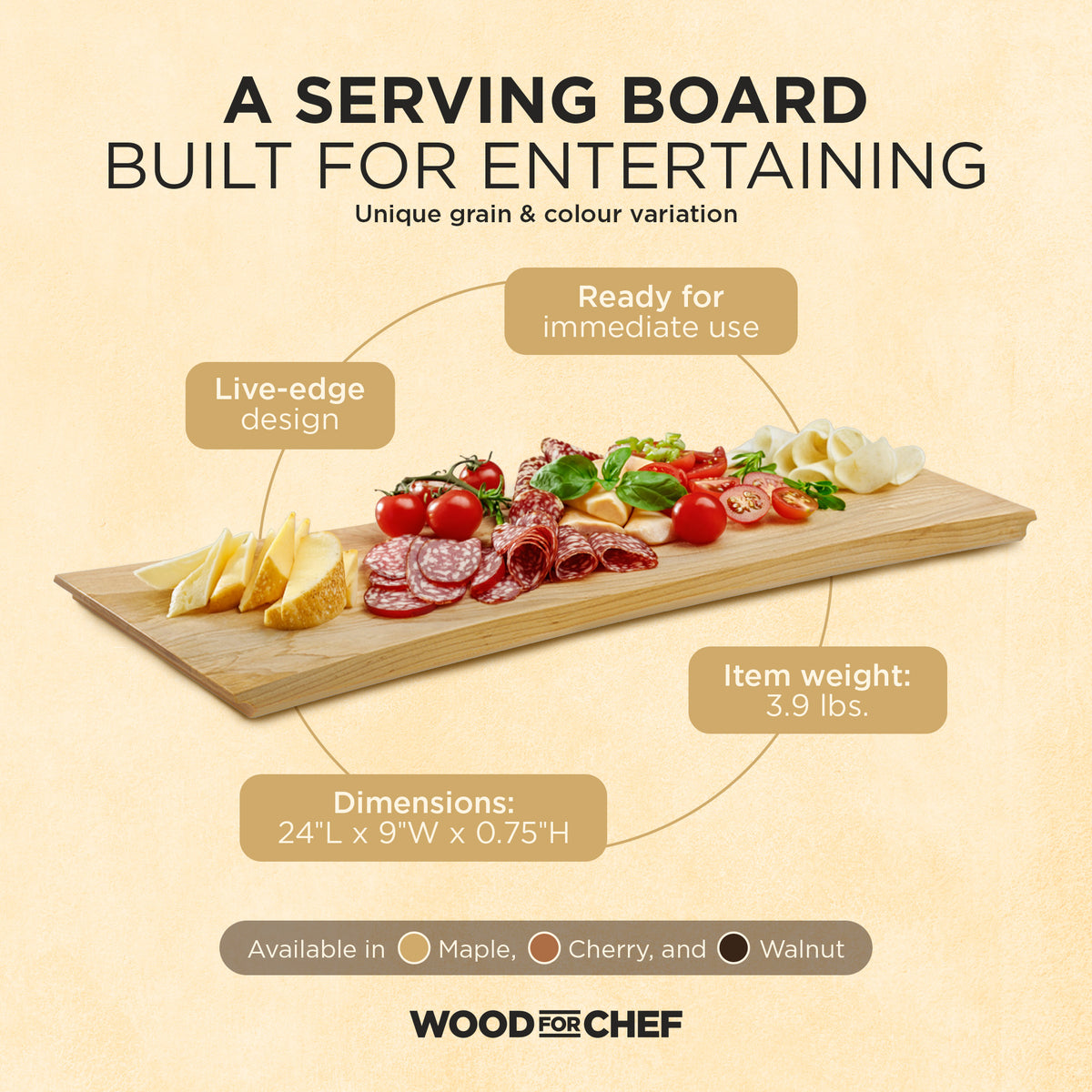 WoodForChef Maple Live Edge Hardwood Charcuterie Board, 24 x 9 Inches