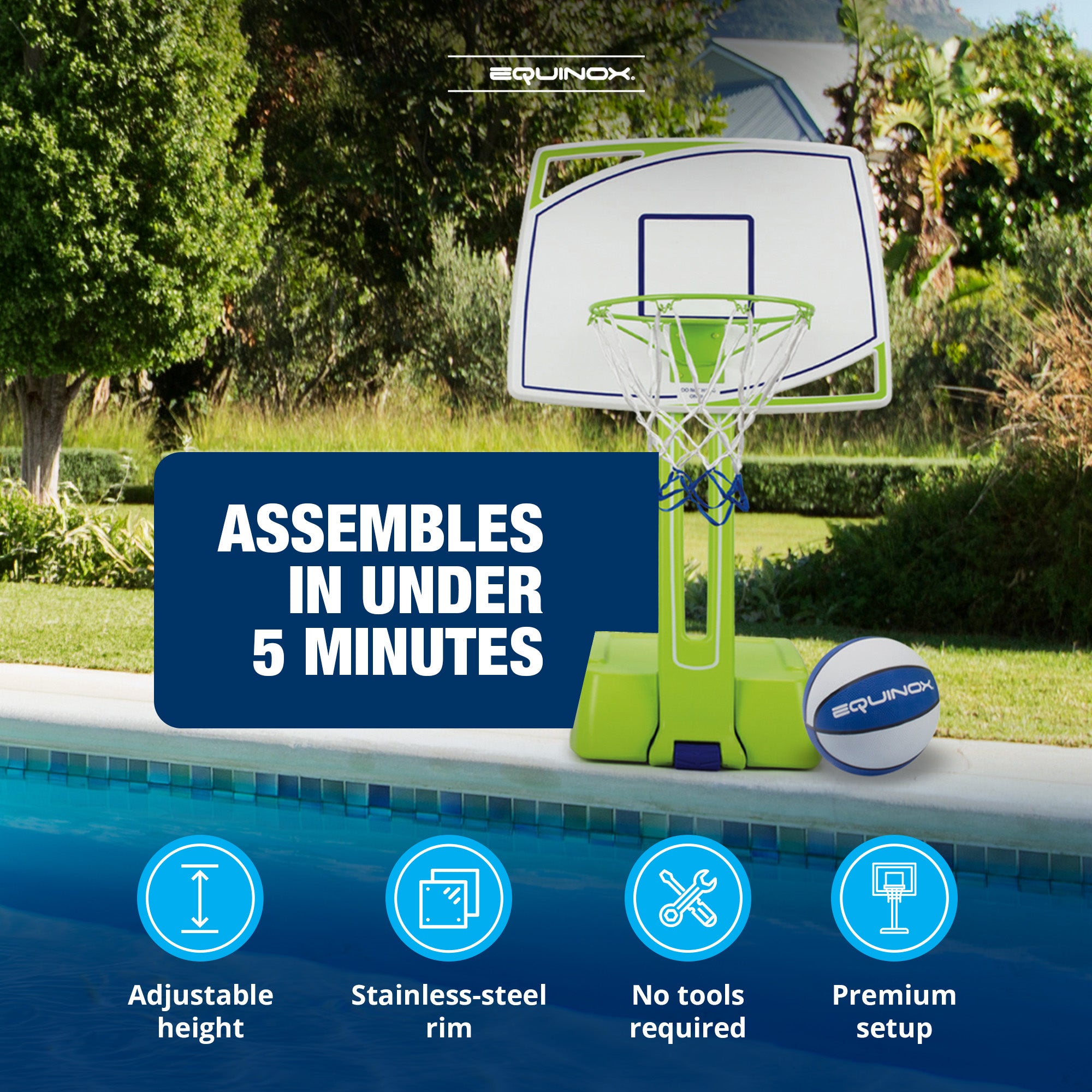 Equinox Pool Basketball Hoop Set with Ball, Adjustable Poolside Goal, (Open Box) - VMInnovations
