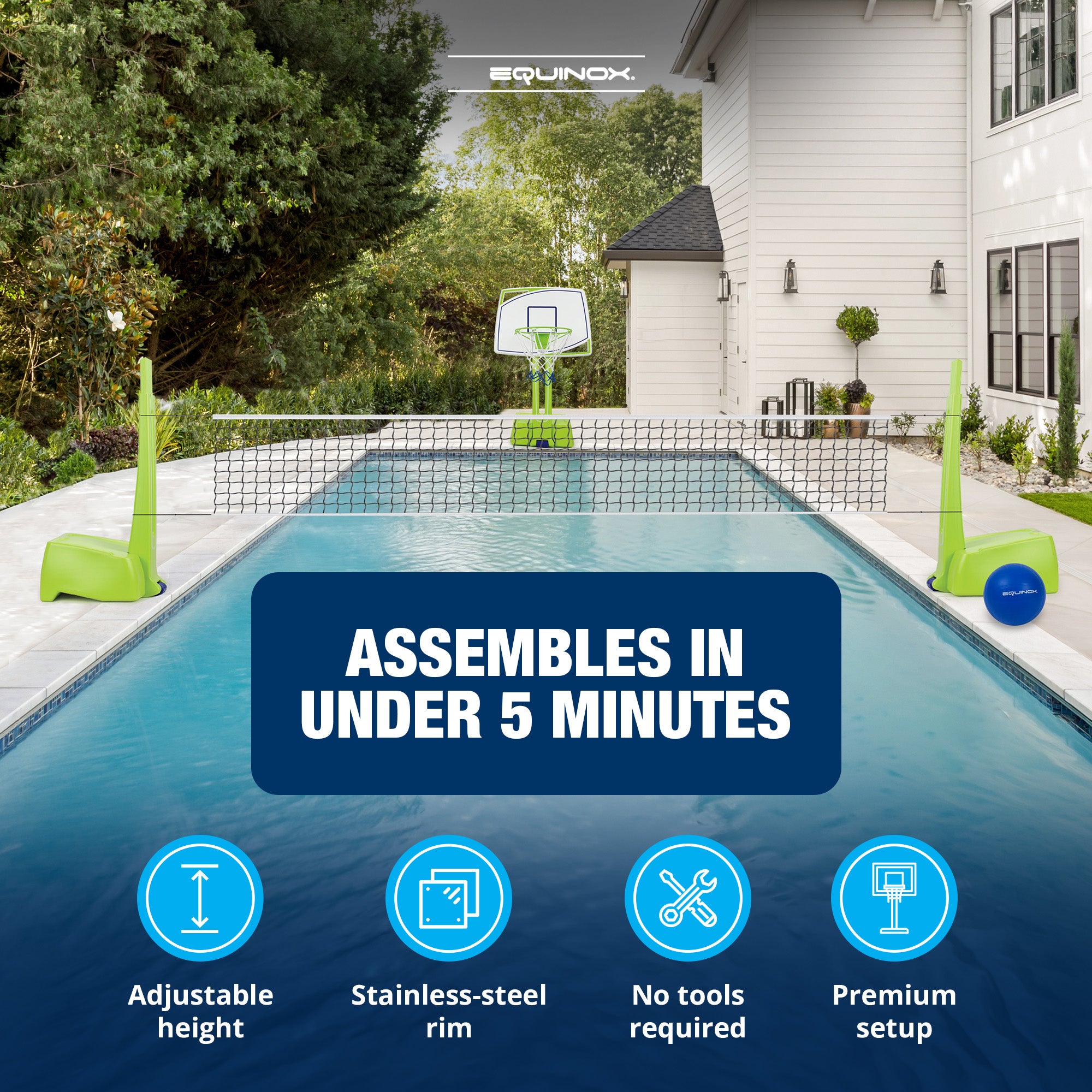 Equinox Pool Basketball and Volleyball Set, Adjustable Poolside Game, Multicolor